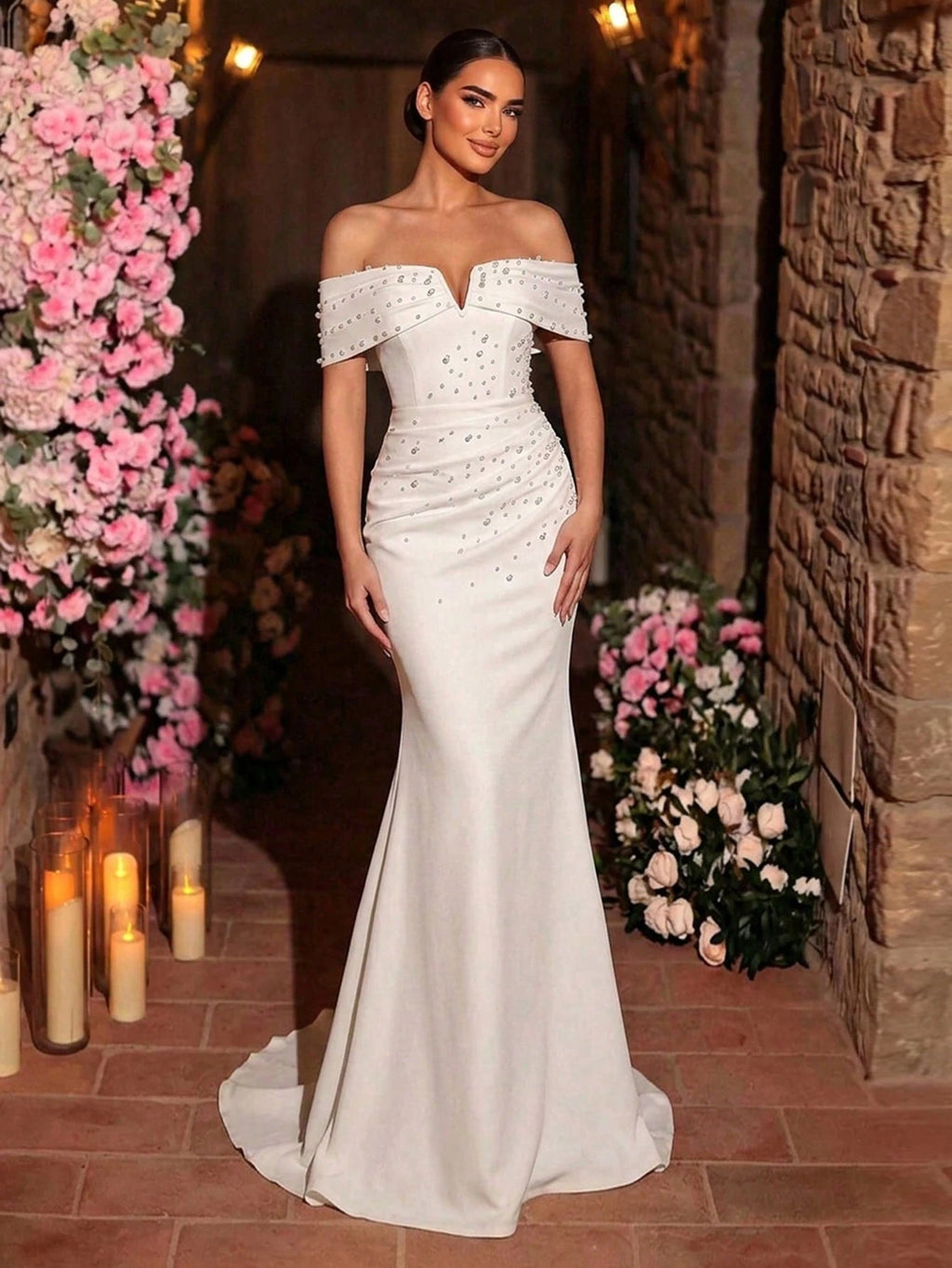 Glamrae Elegant,White,Summer,Silky,Formal,Wedding Dress For Women,Charming V-Neck Off-Shoulder Elastic Knit - image 3