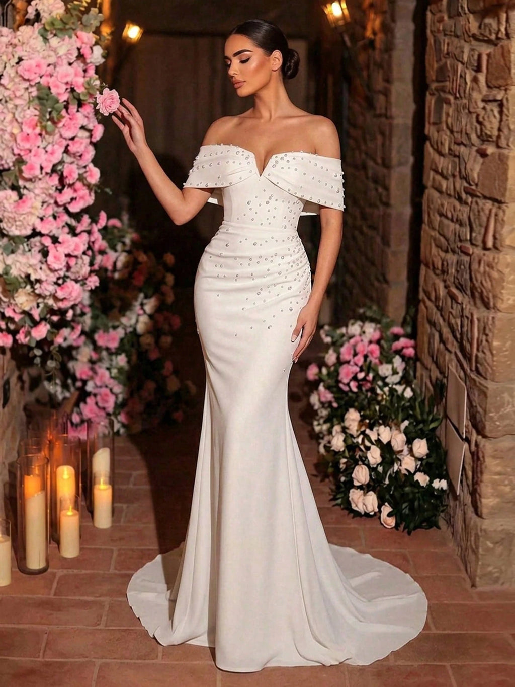 Glamrae Elegant,White,Summer,Silky,Formal,Wedding Dress For Women,Charming V-Neck Off-Shoulder Elastic Knit
