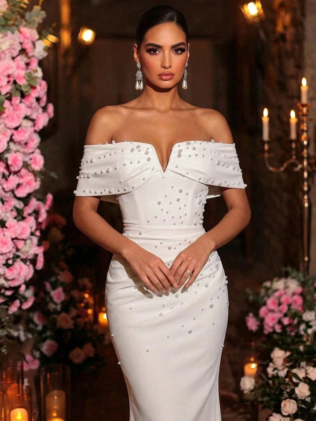 Glamrae Elegant,White,Summer,Silky,Formal,Wedding Dress For Women,Charming V-Neck Off-Shoulder Elastic Knit - image 5