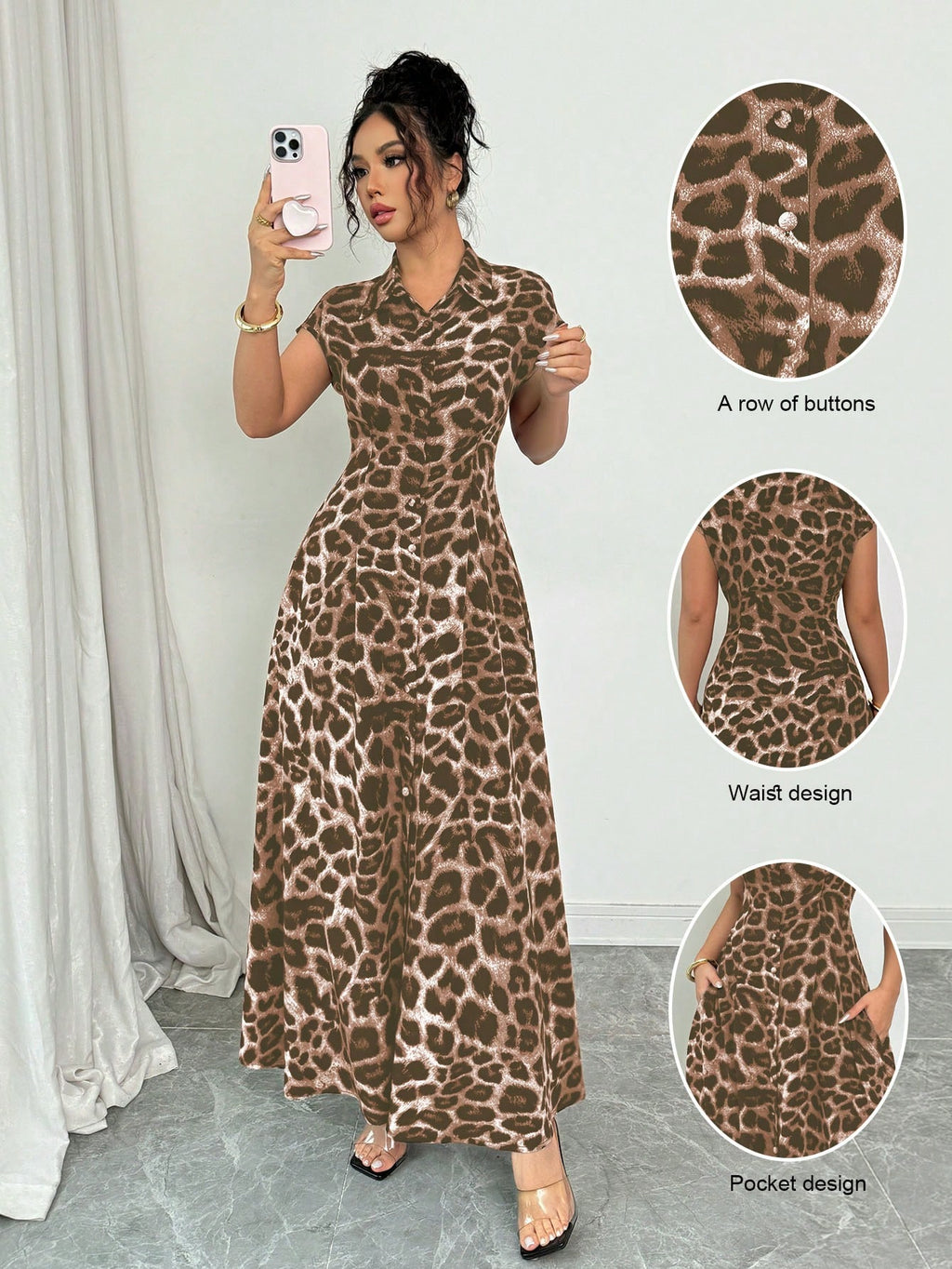 Rafferiza Women's Elegant Leopard Print Collared Short Sleeve Cinched