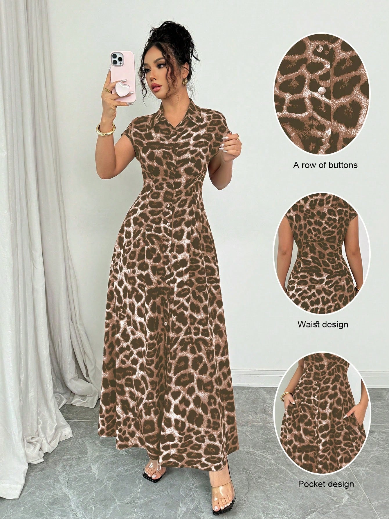 Rafferiza Women's Elegant Leopard Print Collared Short Sleeve Cinched