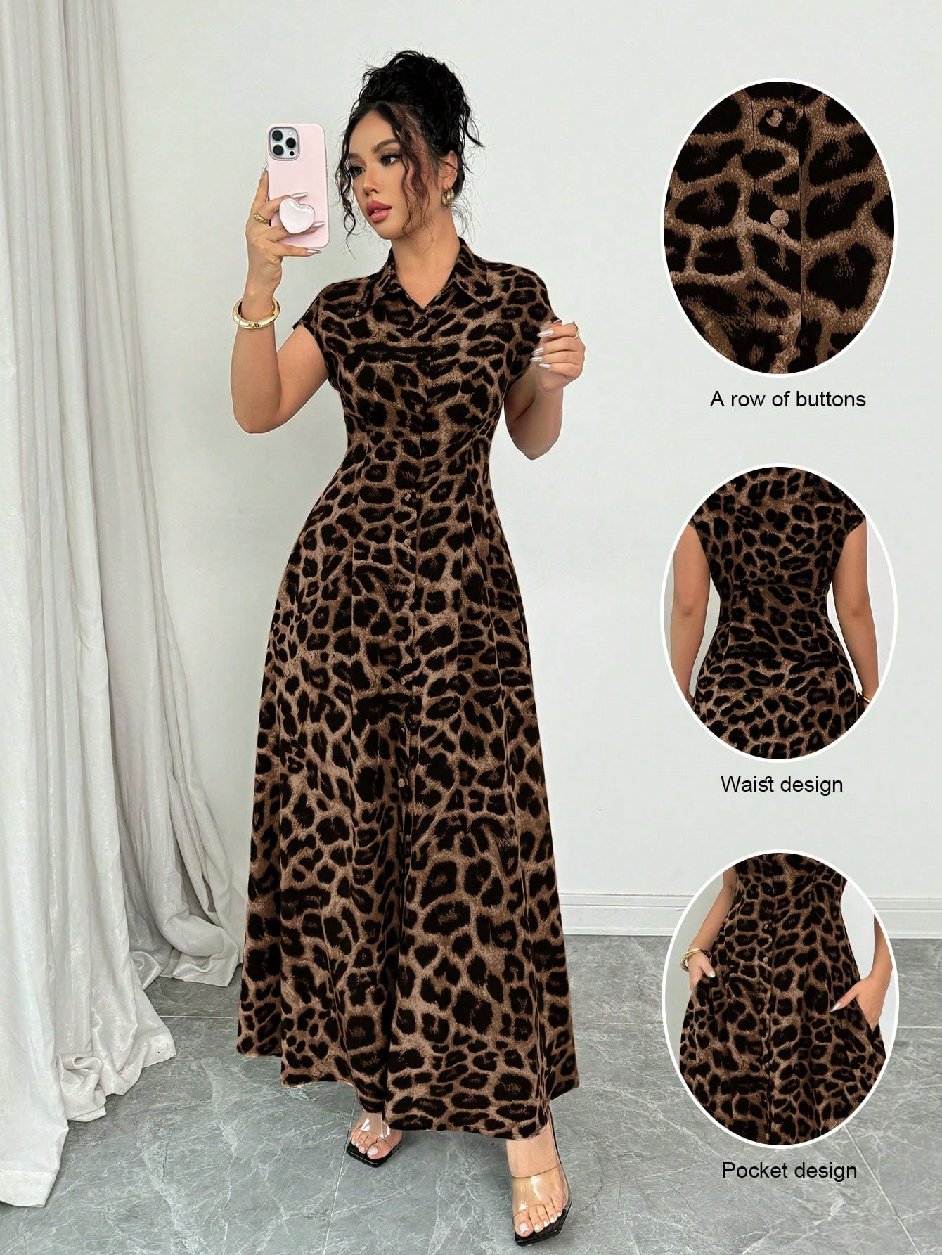 Rafferiza Women's Elegant Leopard Print Collared Short Sleeve Cinched
