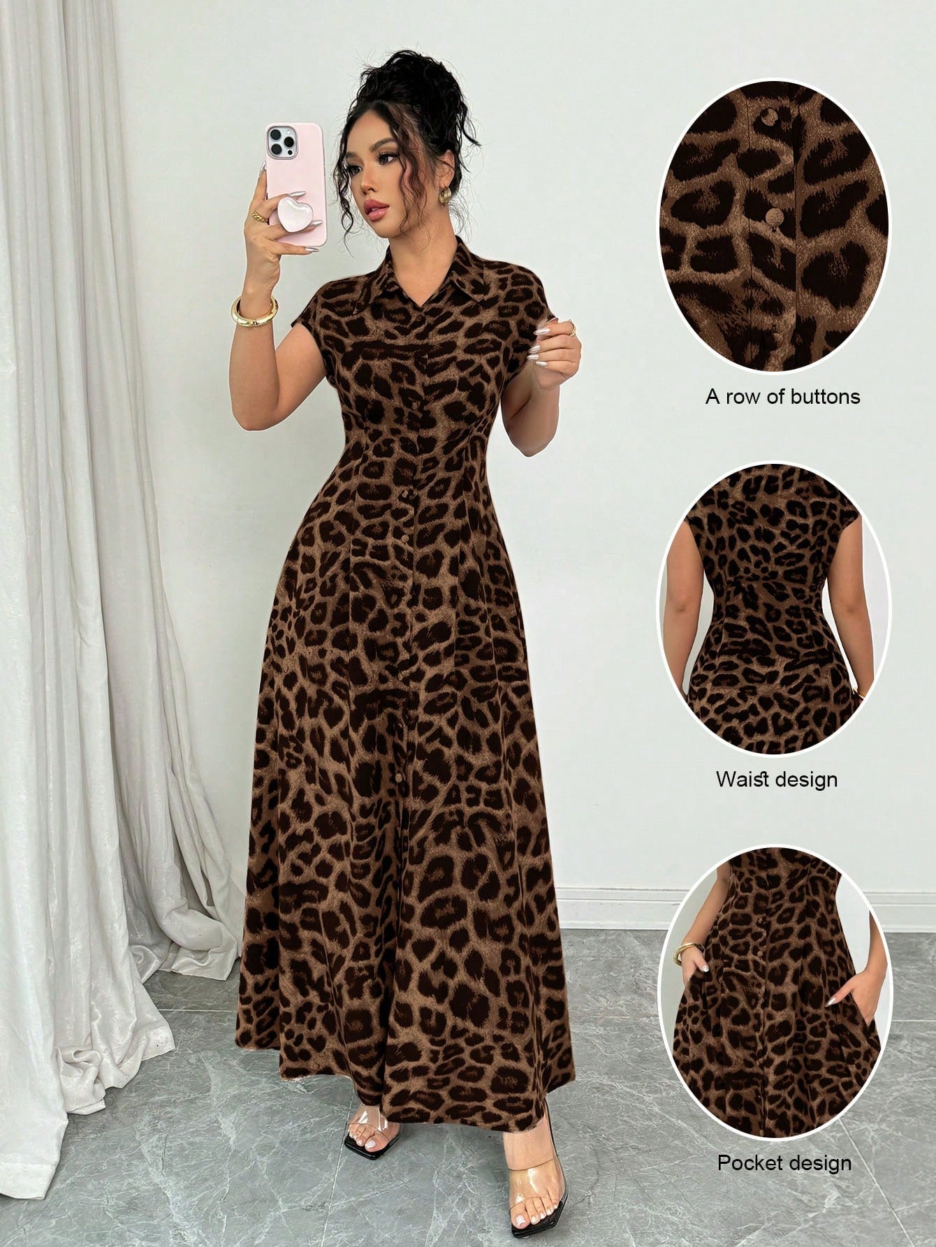 Rafferiza Women's Elegant Leopard Print Collared Short Sleeve Cinched
