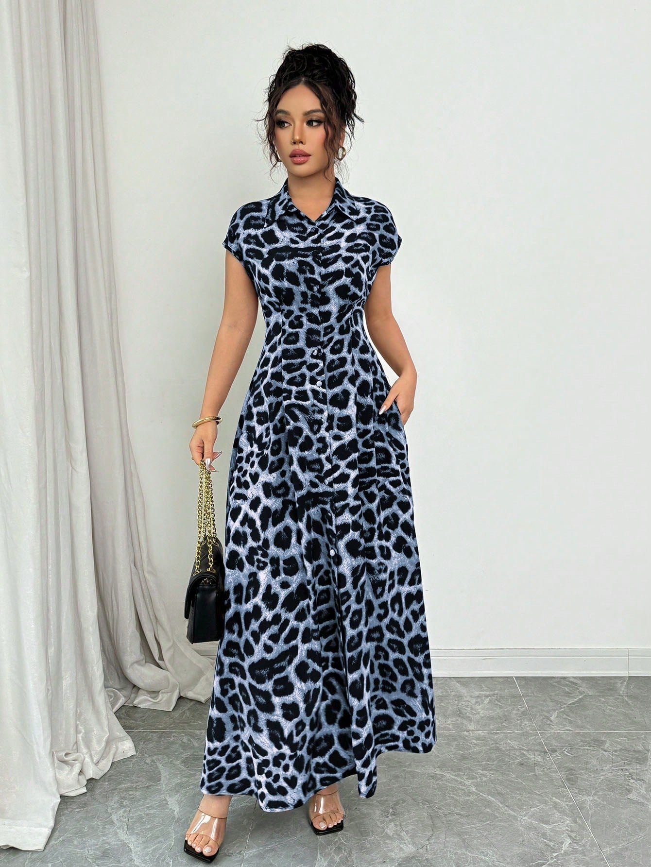 Rafferiza Women's Elegant Leopard Print Collared Short Sleeve Cinched
