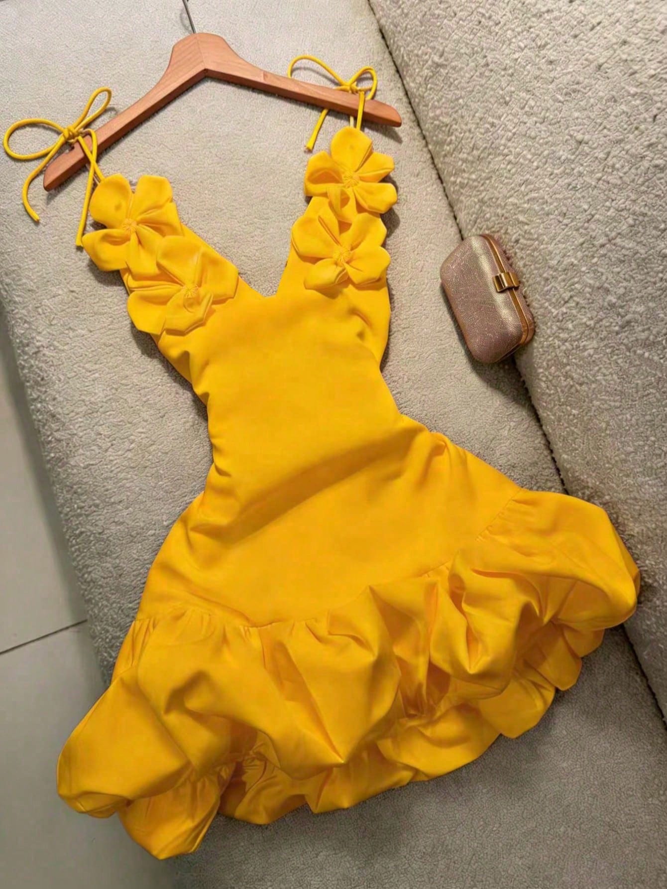 Women's Handmade Floral 3D Decor Deep V-Neck Spaghetti Strap Tie-Up