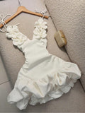Women's Handmade Floral 3D Decor Deep V-Neck Spaghetti Strap Tie-Up