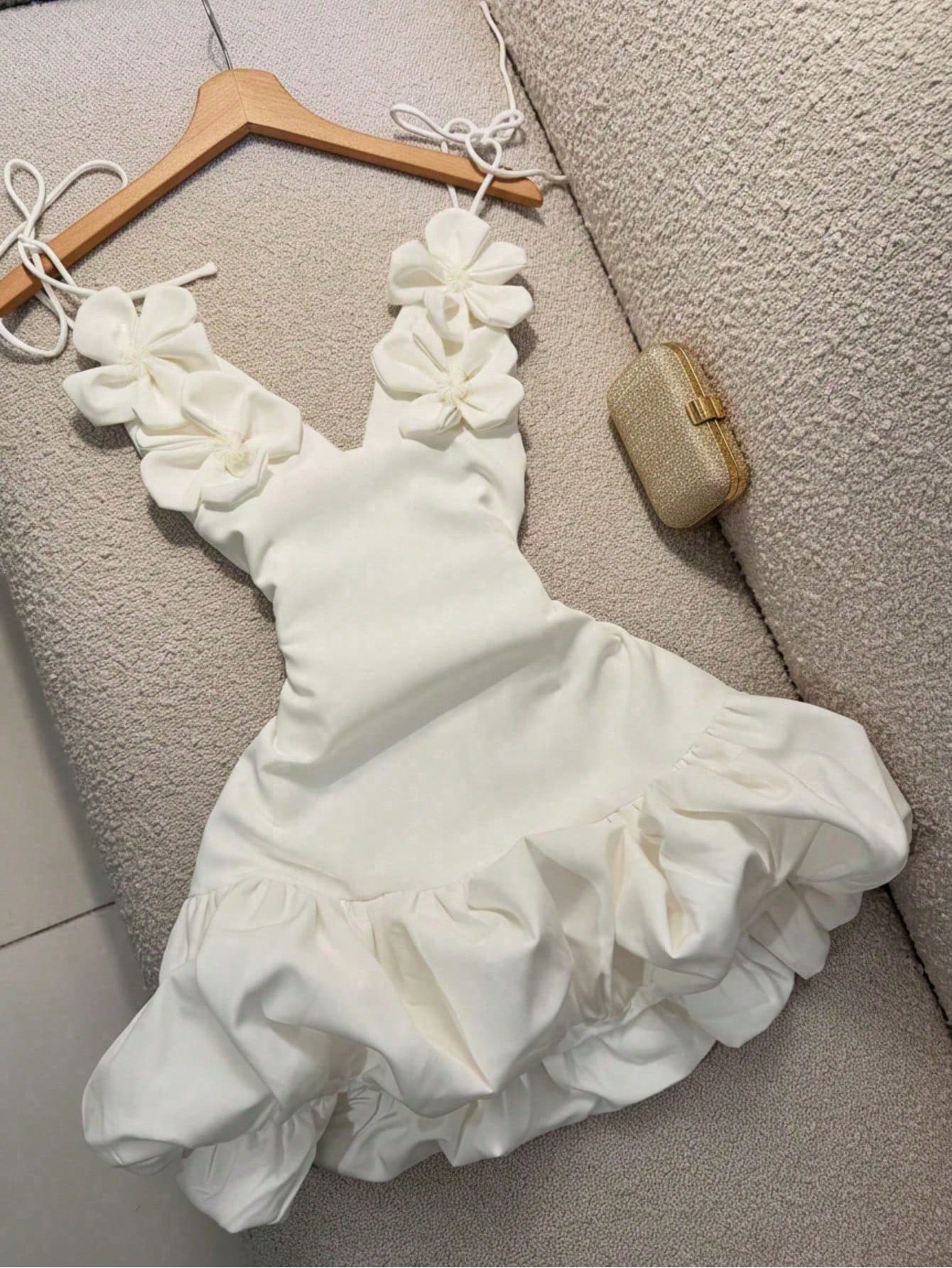 Women's Handmade Floral 3D Decor Deep V-Neck Spaghetti Strap Tie-Up