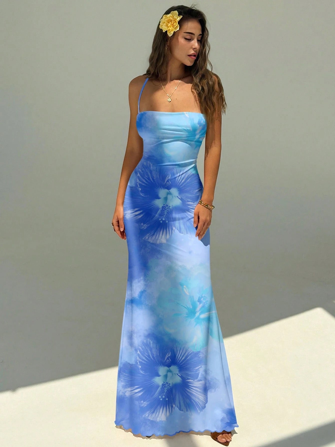 Aloruh Women's Elegant Orange Hibiscus Print Backless Tie Strap Dress,Orange And Yellow,Summer,Boho,Beach - image 3