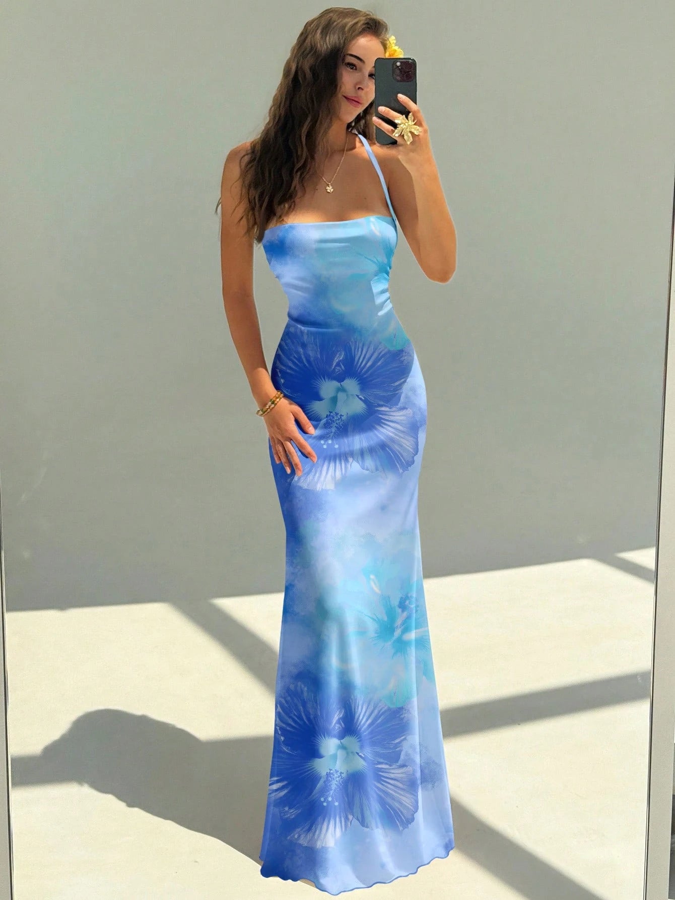 Aloruh Women's Elegant Orange Hibiscus Print Backless Tie Strap Dress,Orange And Yellow,Summer,Boho,Beach - image 4