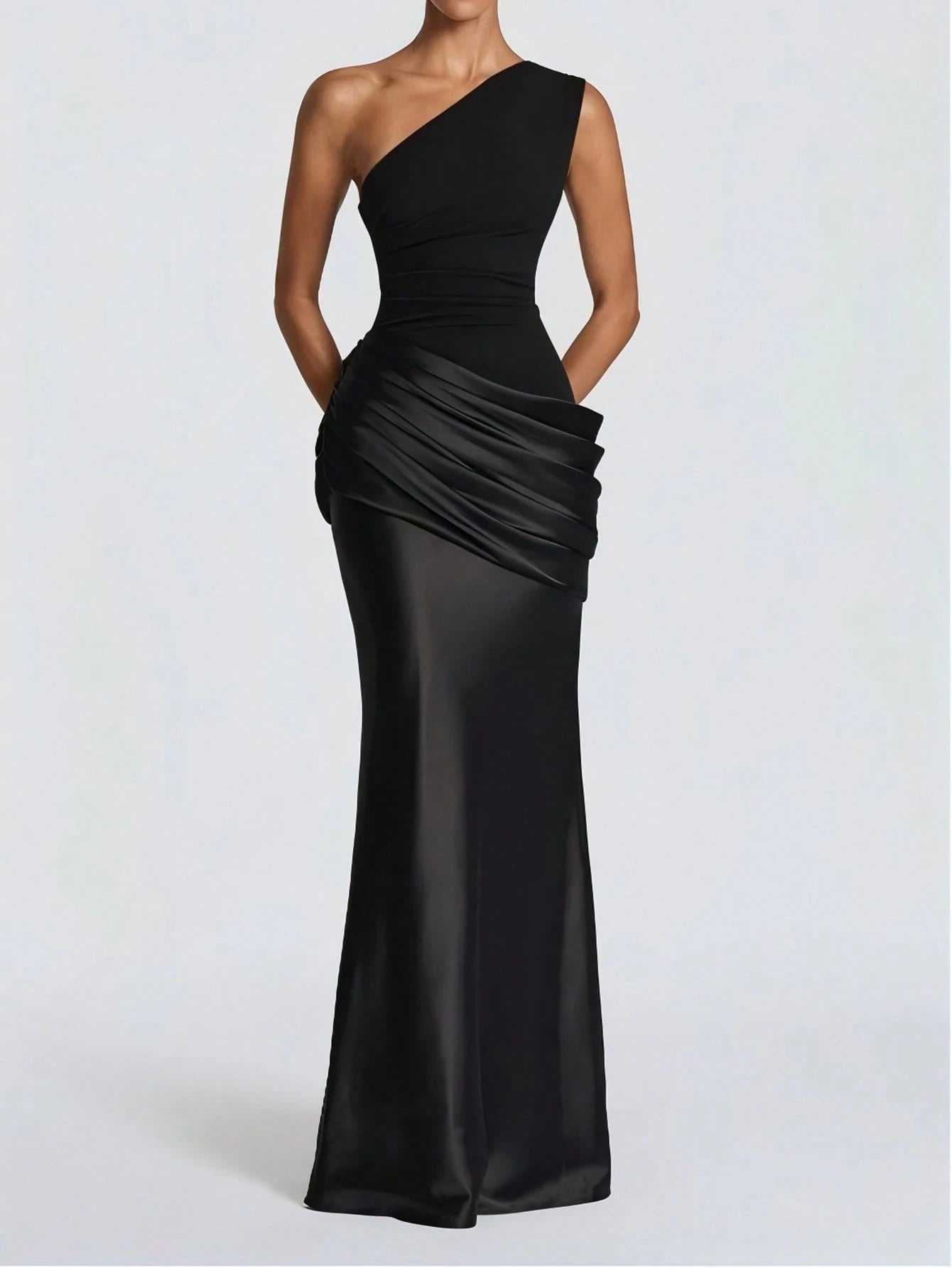 Elegant Satin Patchwork One-Shoulder Dress, Fashionable For Outings, Weddings, Parties, And Clubs, - image 19
