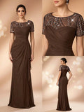 Serin Chocolate Brown Winter Elegant Evening Formal Wedding Pearl Beaded Floral Splice Knit Mesh Ruffle