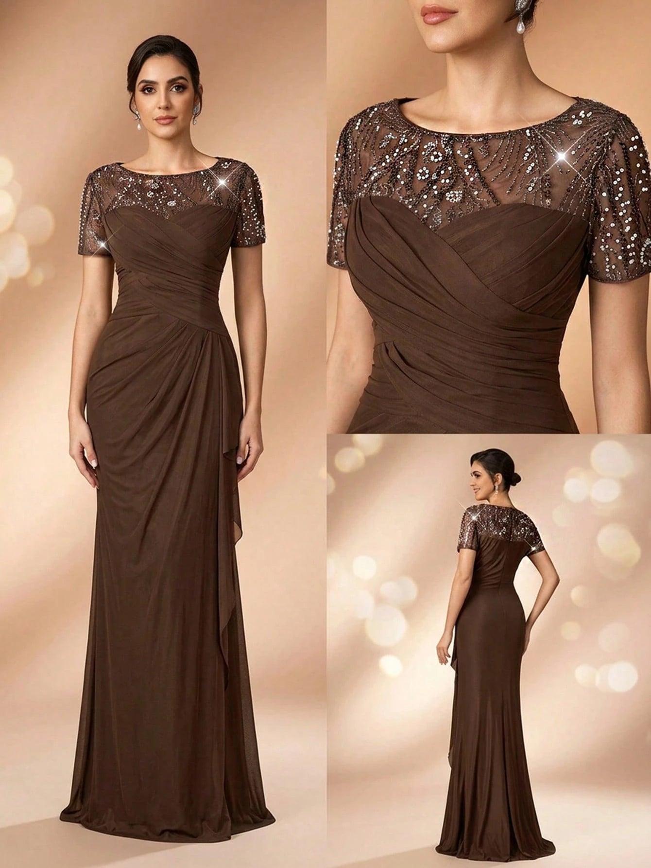 Serin Chocolate Brown Winter Elegant Evening Formal Wedding Pearl Beaded Floral Splice Knit Mesh Ruffle