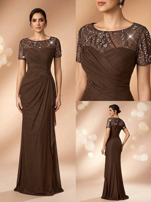 Serin Chocolate Brown Winter Elegant Evening Formal Wedding Pearl Beaded Floral Splice Knit Mesh Ruffle