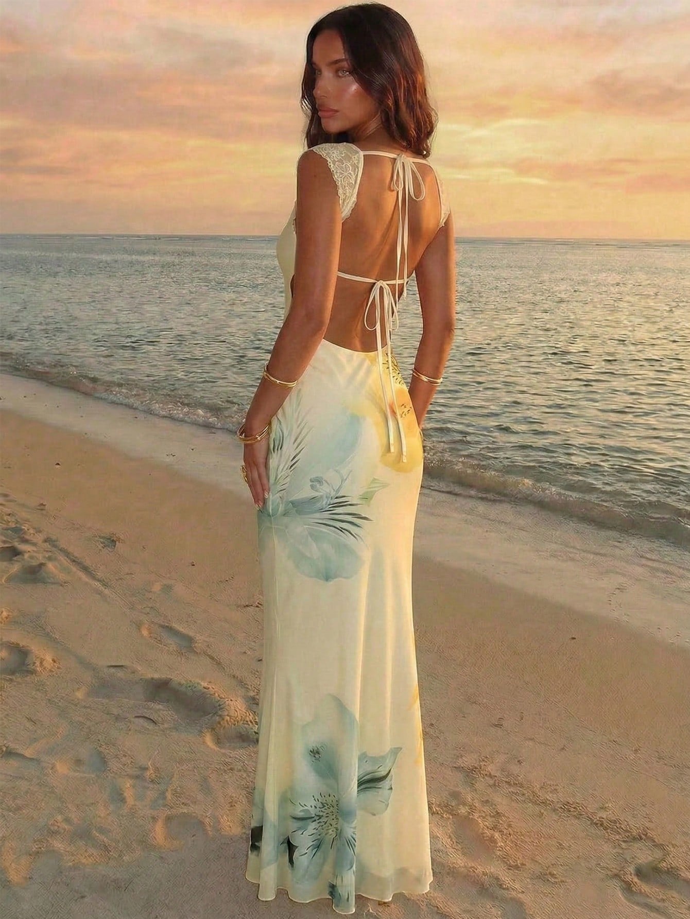 Aloruh Cream Yellow Gradient Floral Mesh Bodycon Backless Summer