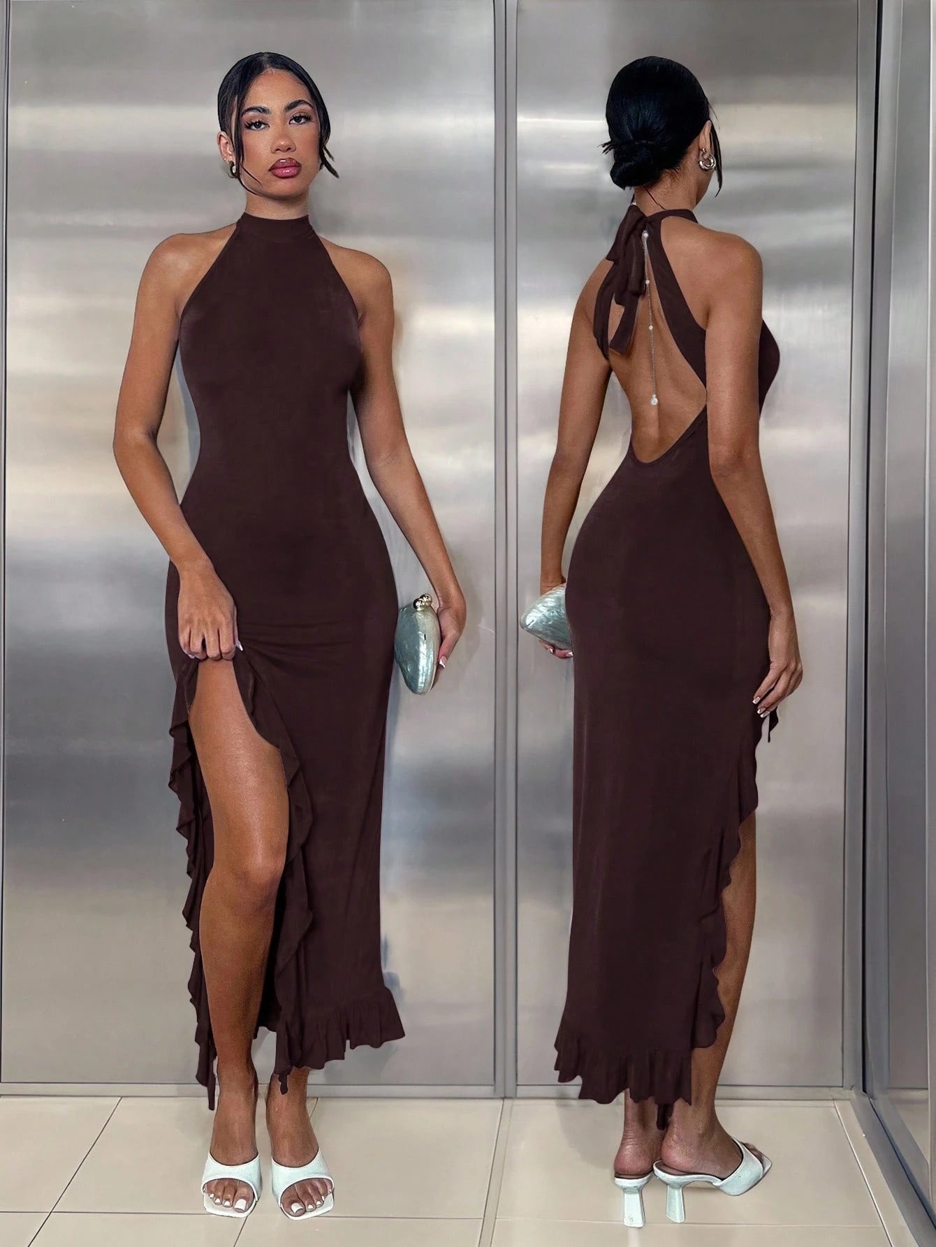 Glamine Elegant Dark Brown Backless Bodycon Maxi Dress,High Slit Ruffle Hem,Women's Summer Vacation Outfit - image 11
