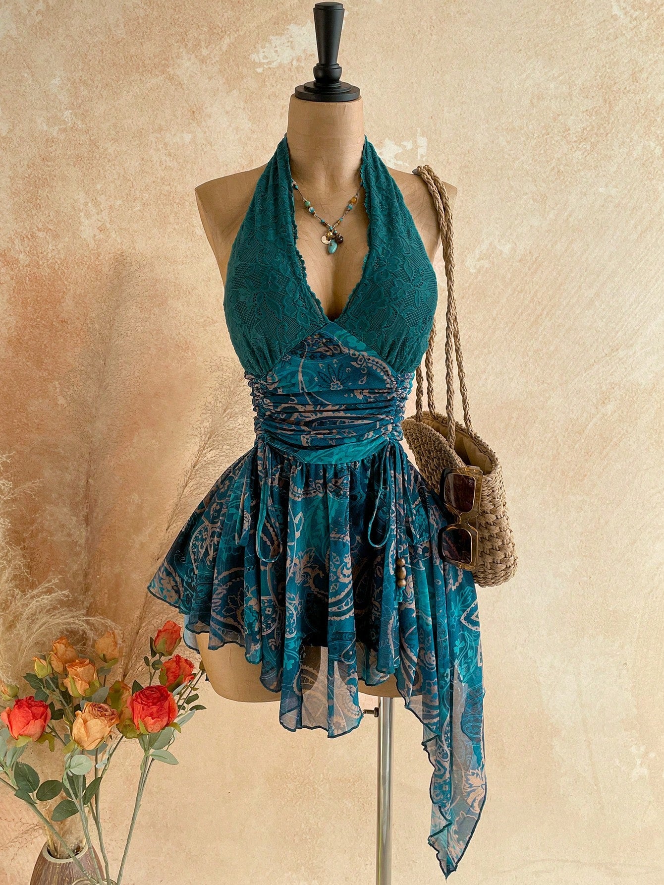 V Neck Tie-Up Waist Wooden Bead Asymmetrical Hem Mini Dress