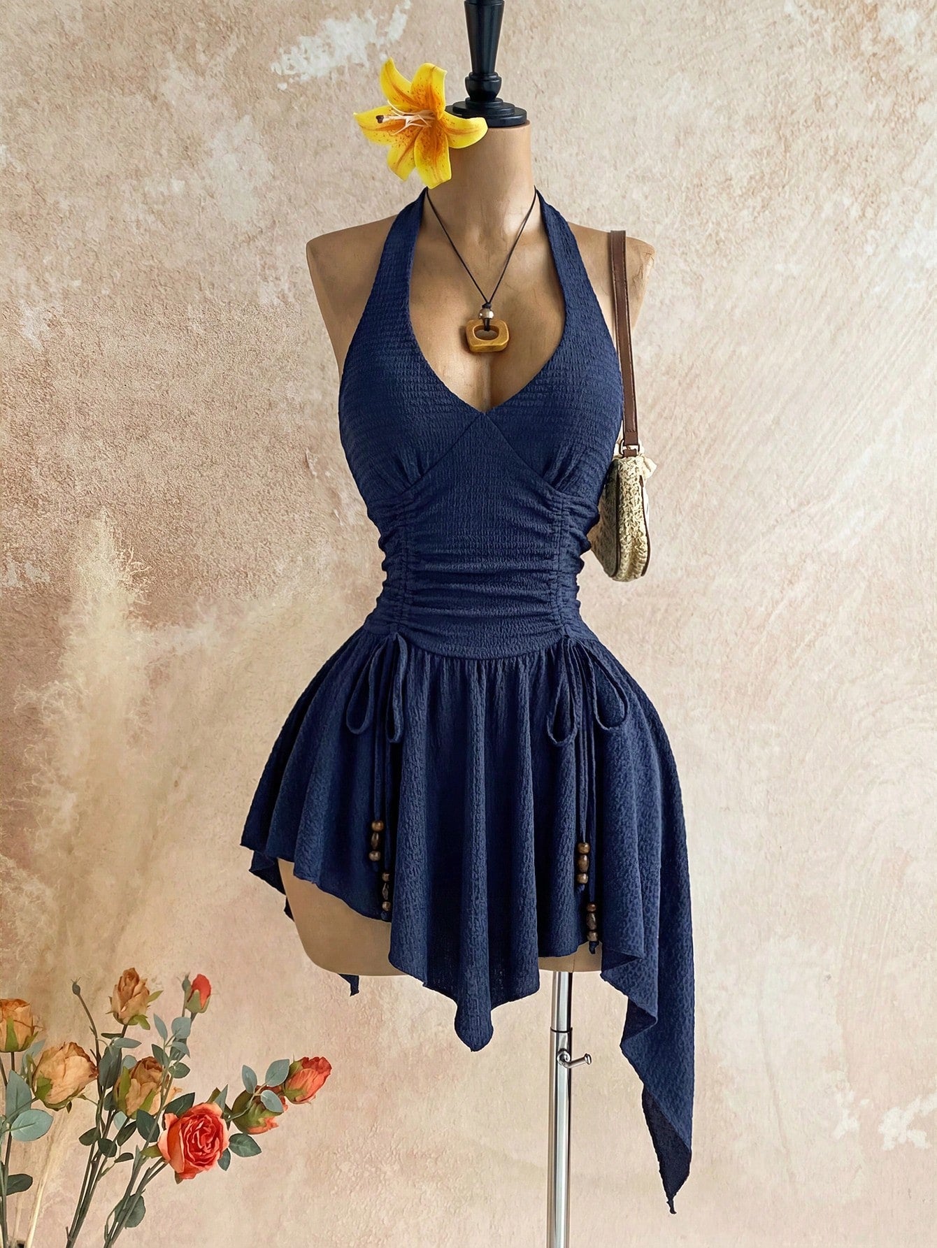 Soleia Deep V Neck Tie-Up Waist Wooden Bead Asymmetrical Hem Mini