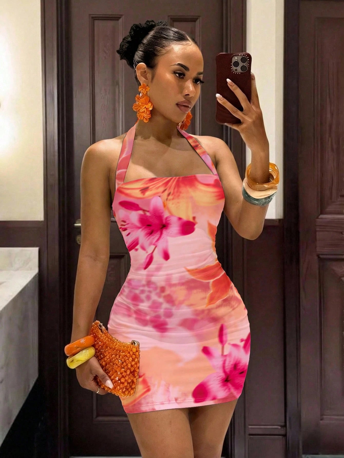 Slaydiva Floral Dresses For Women Floral Print Bodycon Halter Mini