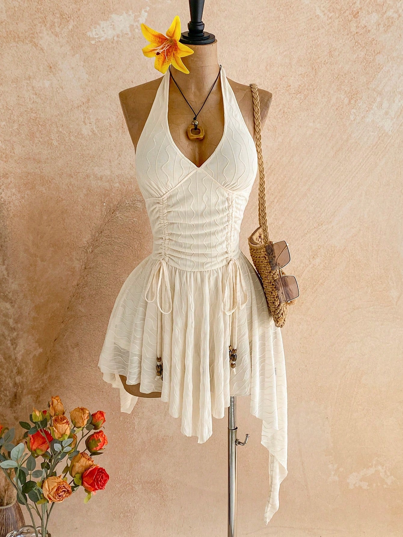 Soleia Deep V Neck Tie-Up Waist Wooden Bead Asymmetrical Hem Mini
