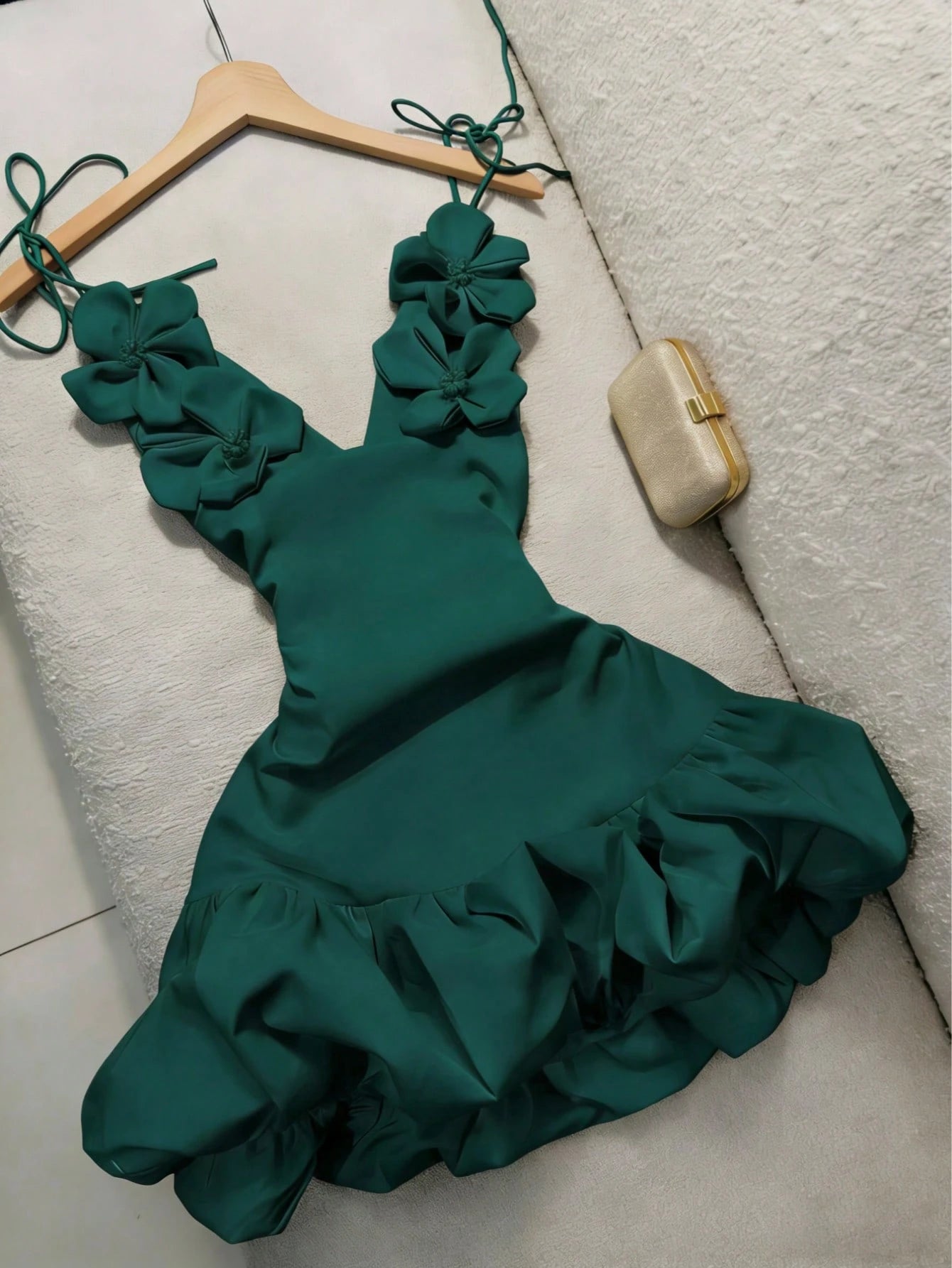 Women's Handmade Floral 3D Decor Deep V-Neck Spaghetti Strap Tie-Up Party Evening Dress, Sexy Floral Peplum - image 14