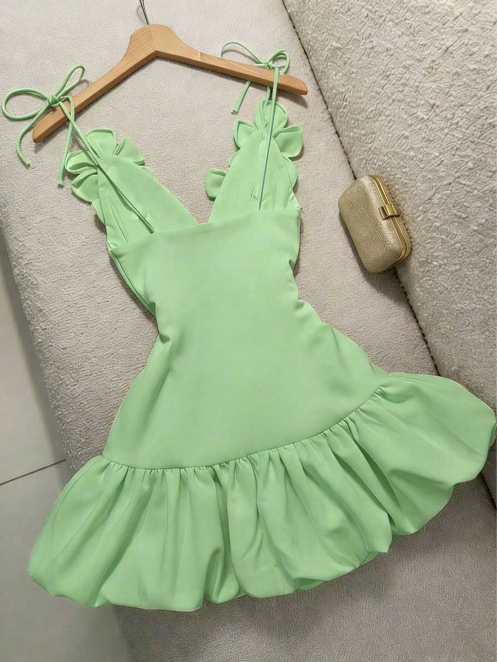 Women's Handmade Floral 3D Decor Deep V-Neck Spaghetti Strap Tie-Up