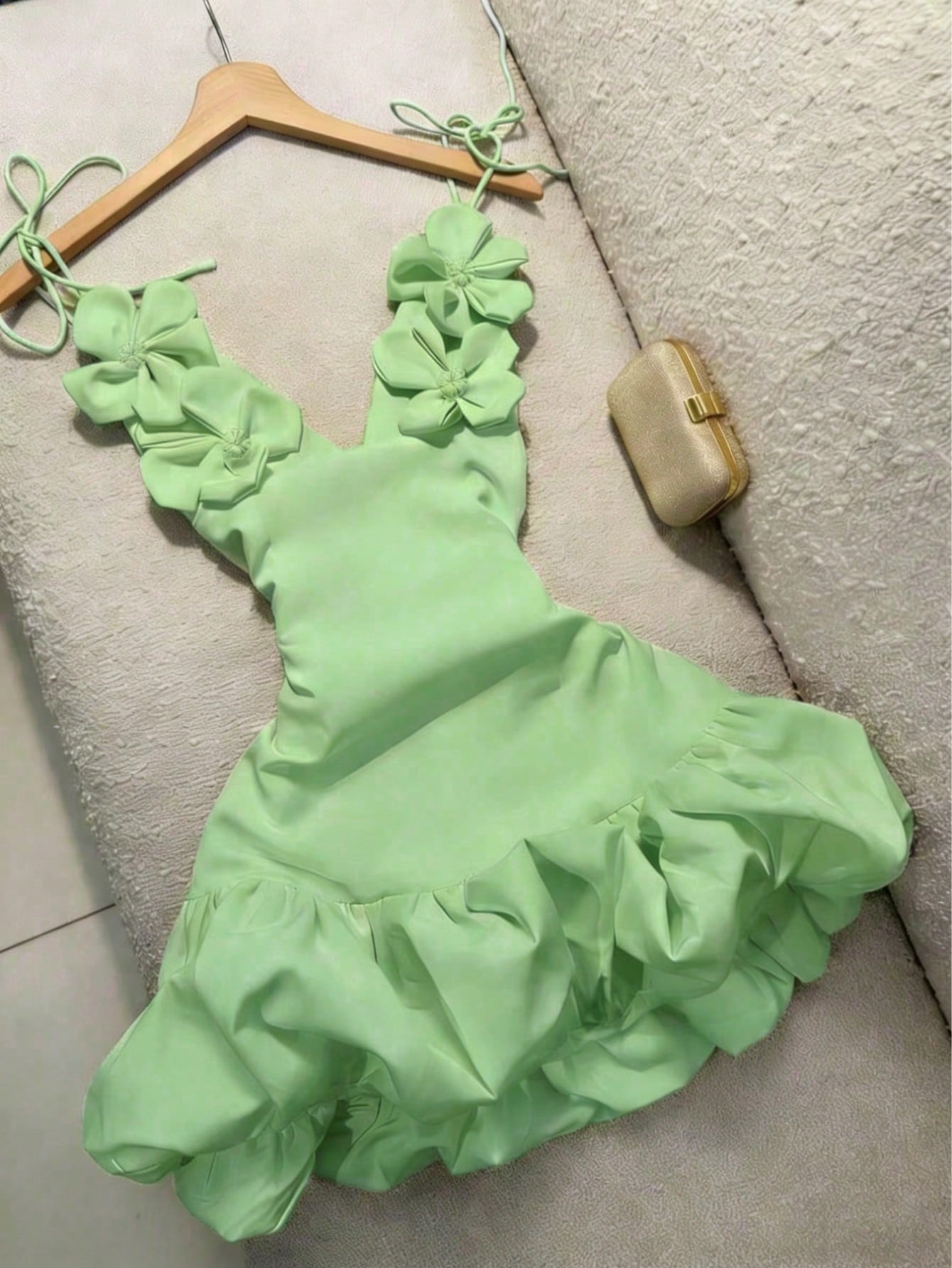Women's Handmade Floral 3D Decor Deep V-Neck Spaghetti Strap Tie-Up