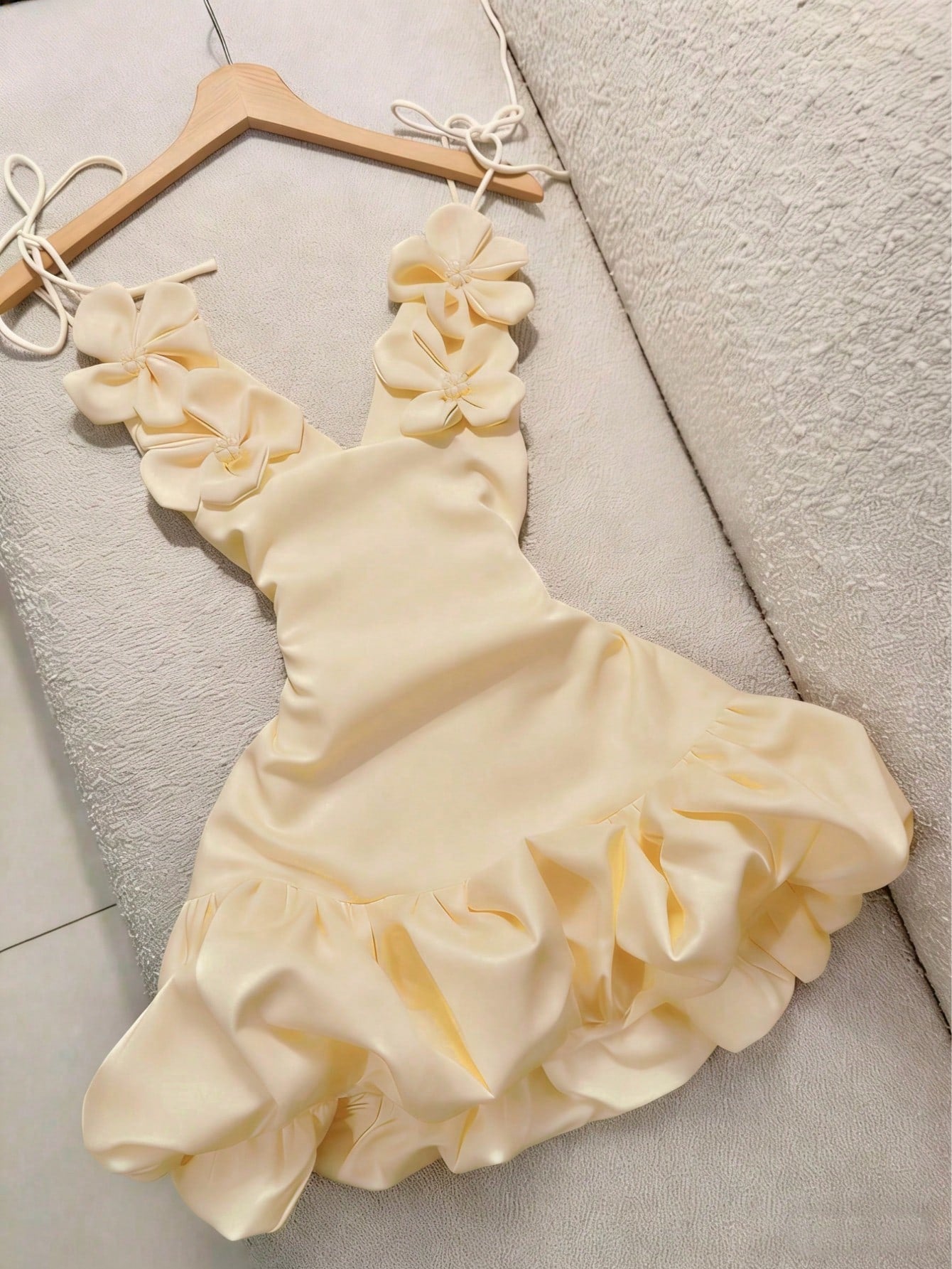 Women's Handmade Floral 3D Decor Deep V-Neck Spaghetti Strap Tie-Up