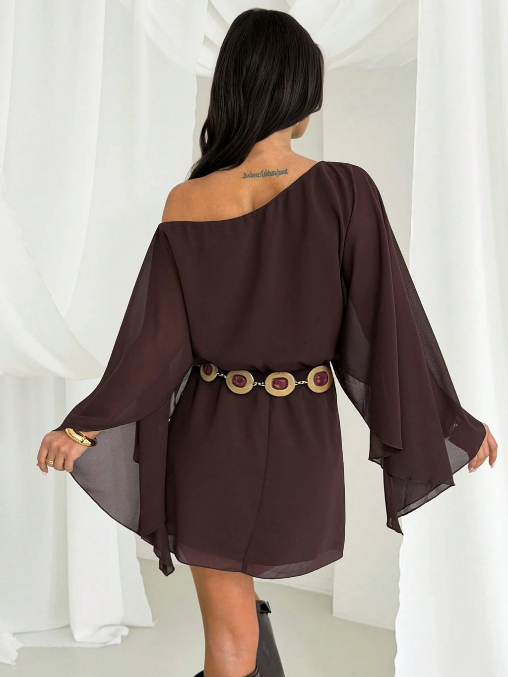 Firerie Women's Dark Brown Chiffon Mini Dress, Summer Boho Music