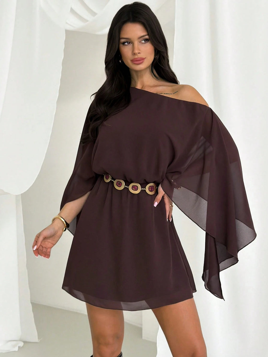 Firerie Women's Dark Brown Chiffon Mini Dress, Summer Boho Music