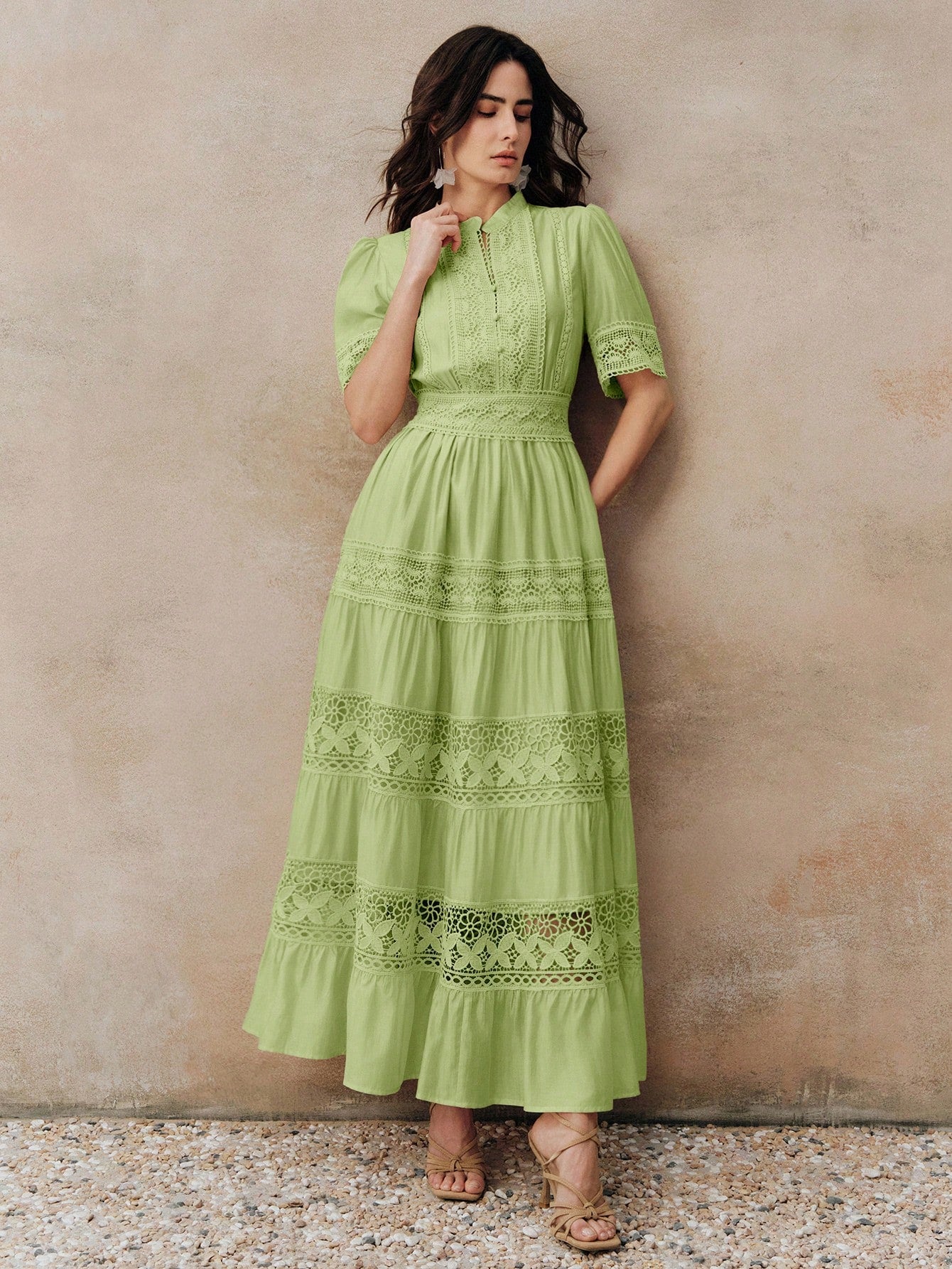 Anewsta Elegant Solid Color Lace Patchwork Round Neck Waist Cinched Hollow Out Crochet Short Sleeve Flared - image 8