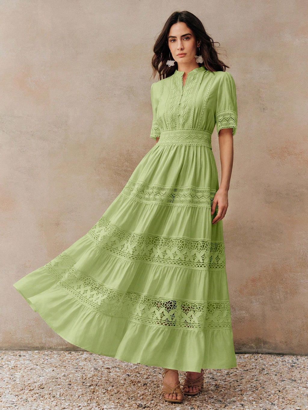 Anewsta Elegant Solid Color Lace Patchwork Round Neck Waist Cinched