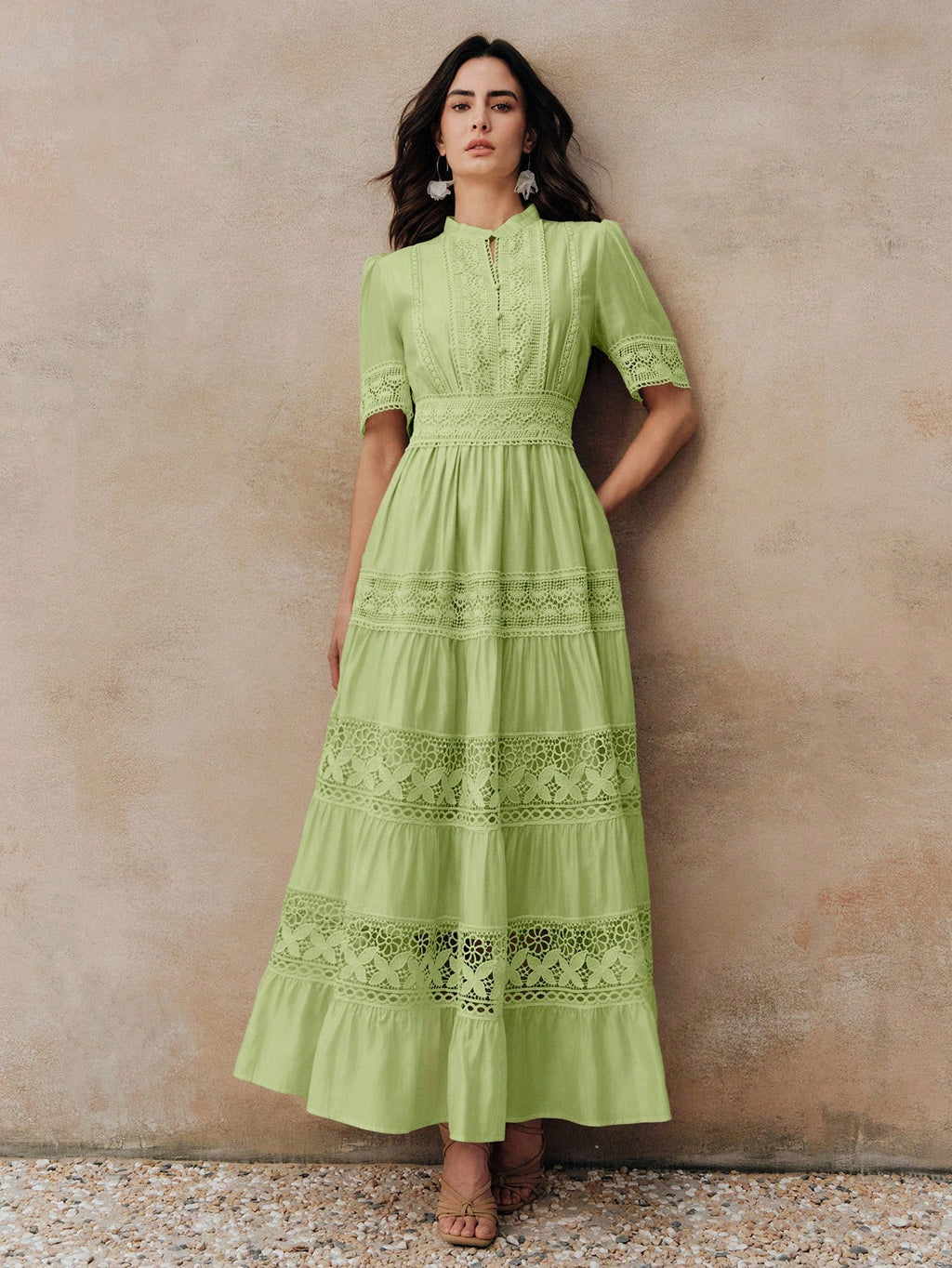 Anewsta Elegant Solid Color Lace Patchwork Round Neck Waist Cinched