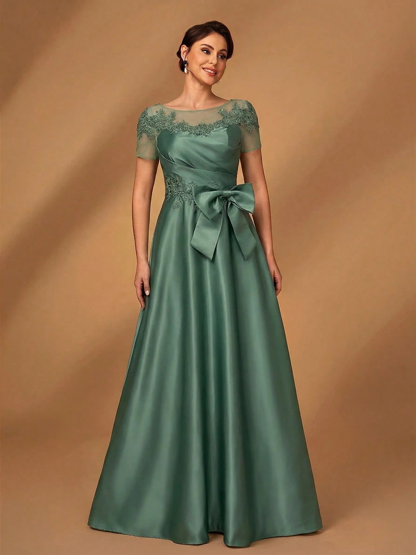 Serin Champagne Gold Elegant Winter Dinner Evening Formal Dress,Luxurious Satin Mesh Patchwork Beaded - image 11