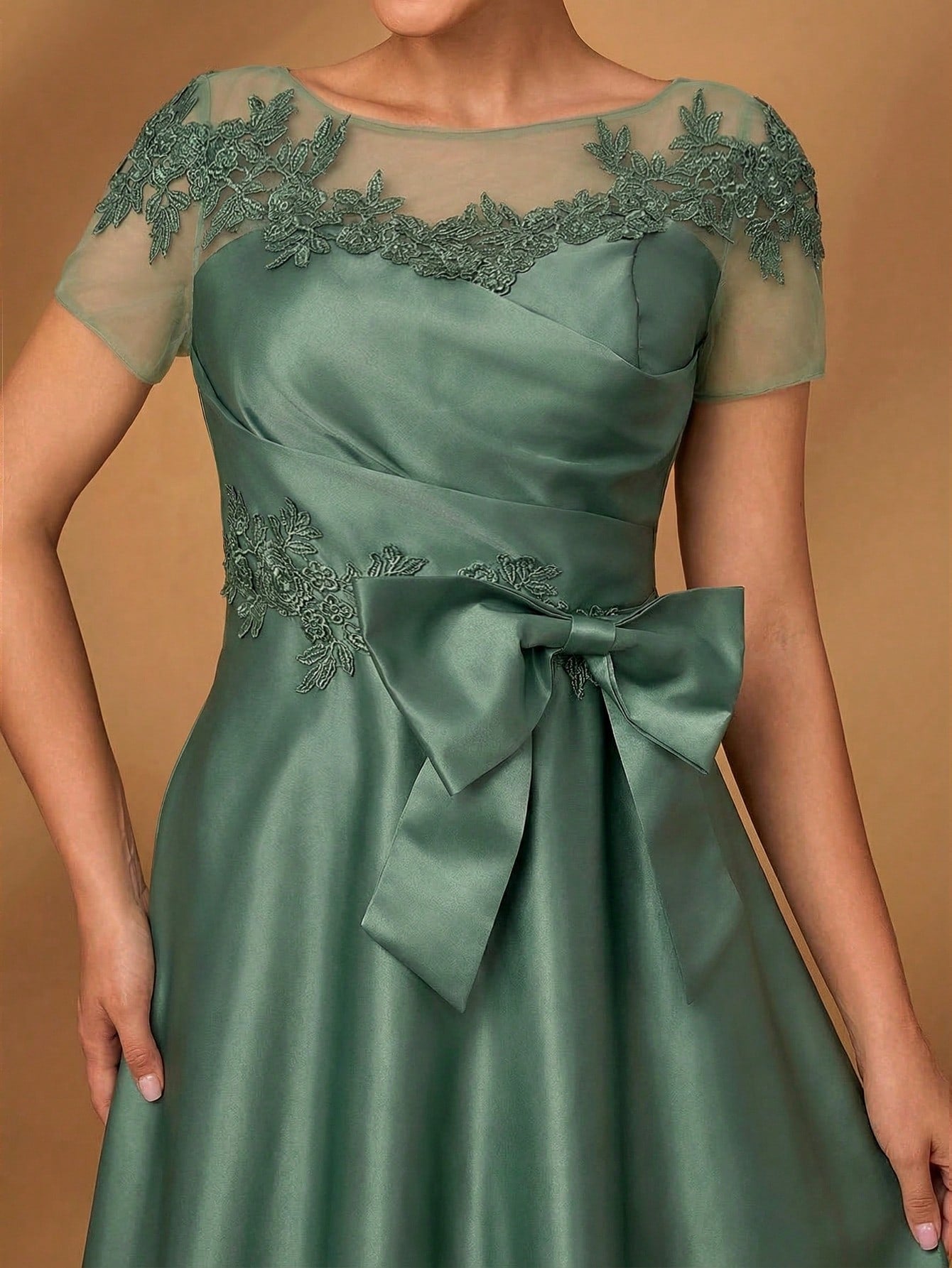 Serin Champagne Gold Elegant Winter Dinner Evening Formal Dress,Luxurious Satin Mesh Patchwork Beaded - image 13