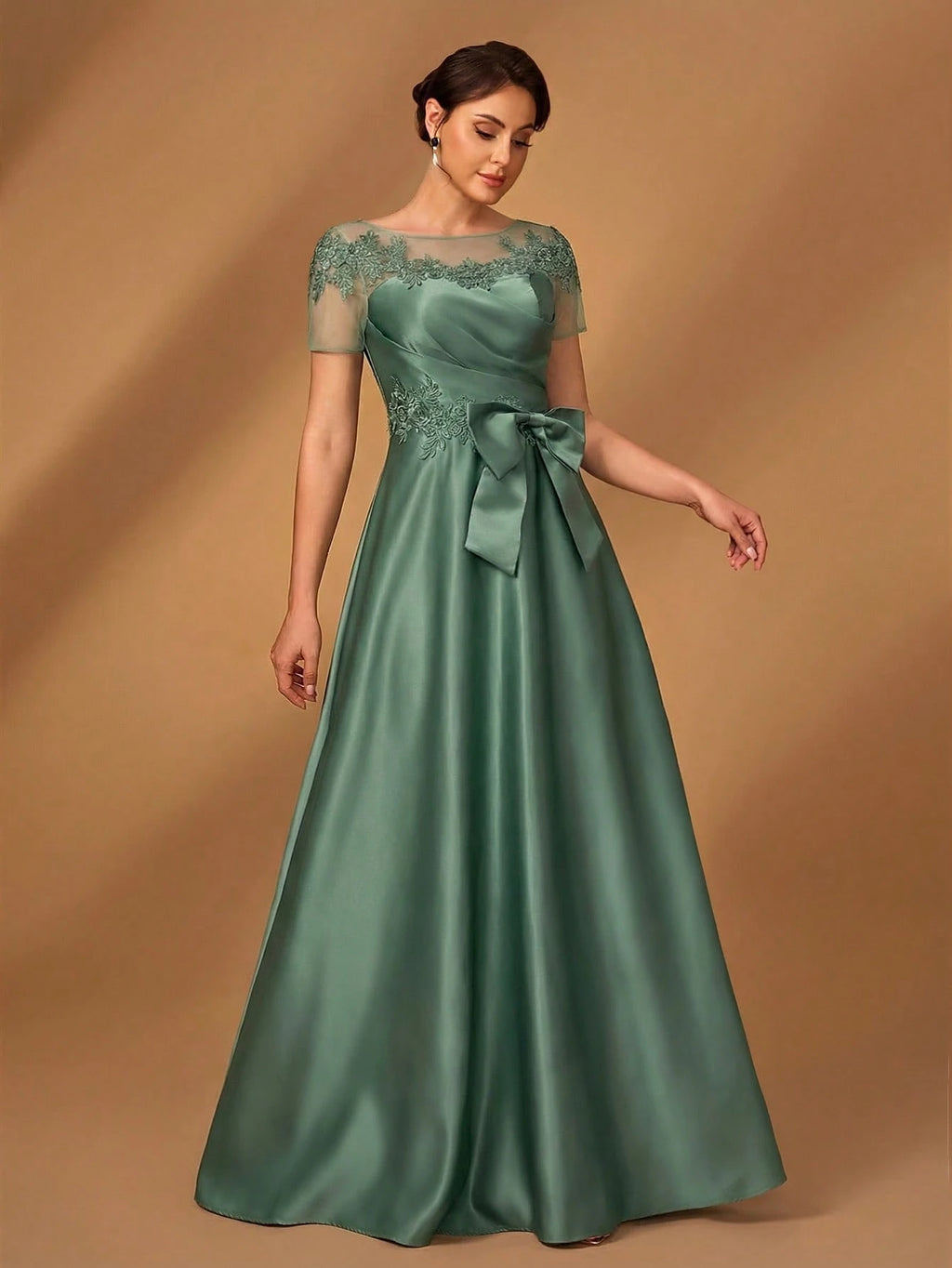Serin Champagne Gold Elegant Winter Dinner Evening Formal Dress,Luxurious Satin Mesh Patchwork Beaded - image 14