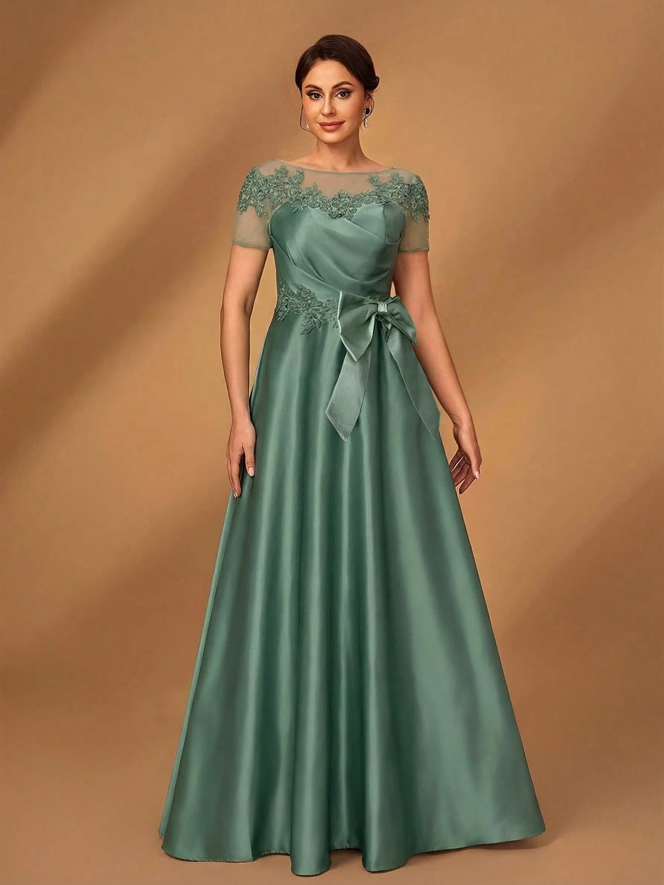 Serin Champagne Gold Elegant Winter Dinner Evening Formal Dress,Luxurious Satin Mesh Patchwork Beaded - image 16