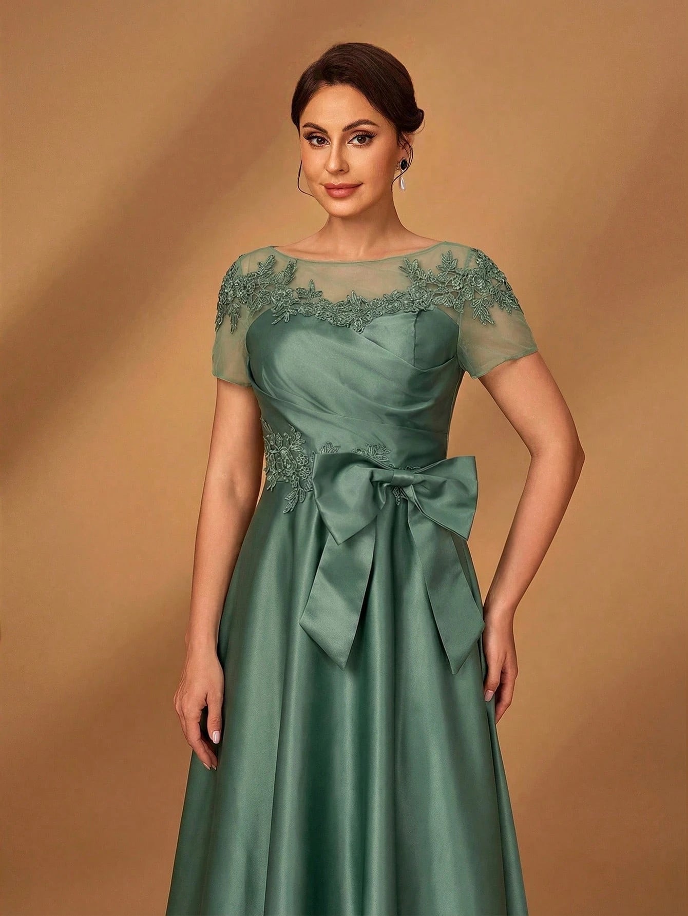 Serin Champagne Gold Elegant Winter Dinner Evening Formal Dress,Luxurious Satin Mesh Patchwork Beaded - image 17