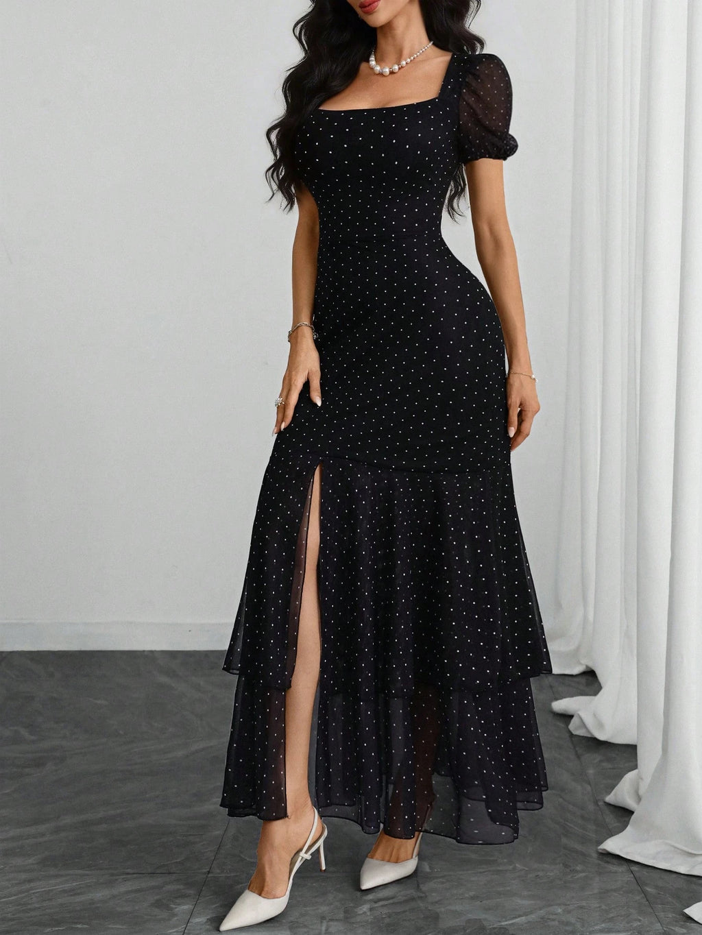 E.Women's French Square Neck Puffed Sleeves Romantic Sexy Elegant