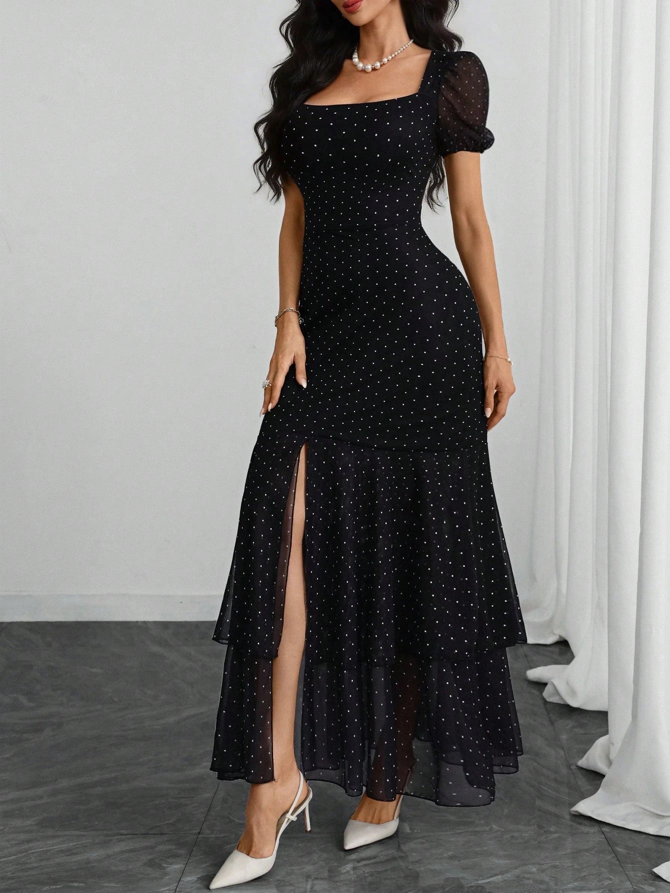 E.Women's French Square Neck Puffed Sleeves Romantic Sexy Elegant