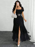 E.Women's French Square Neck Puffed Sleeves Romantic Sexy Elegant