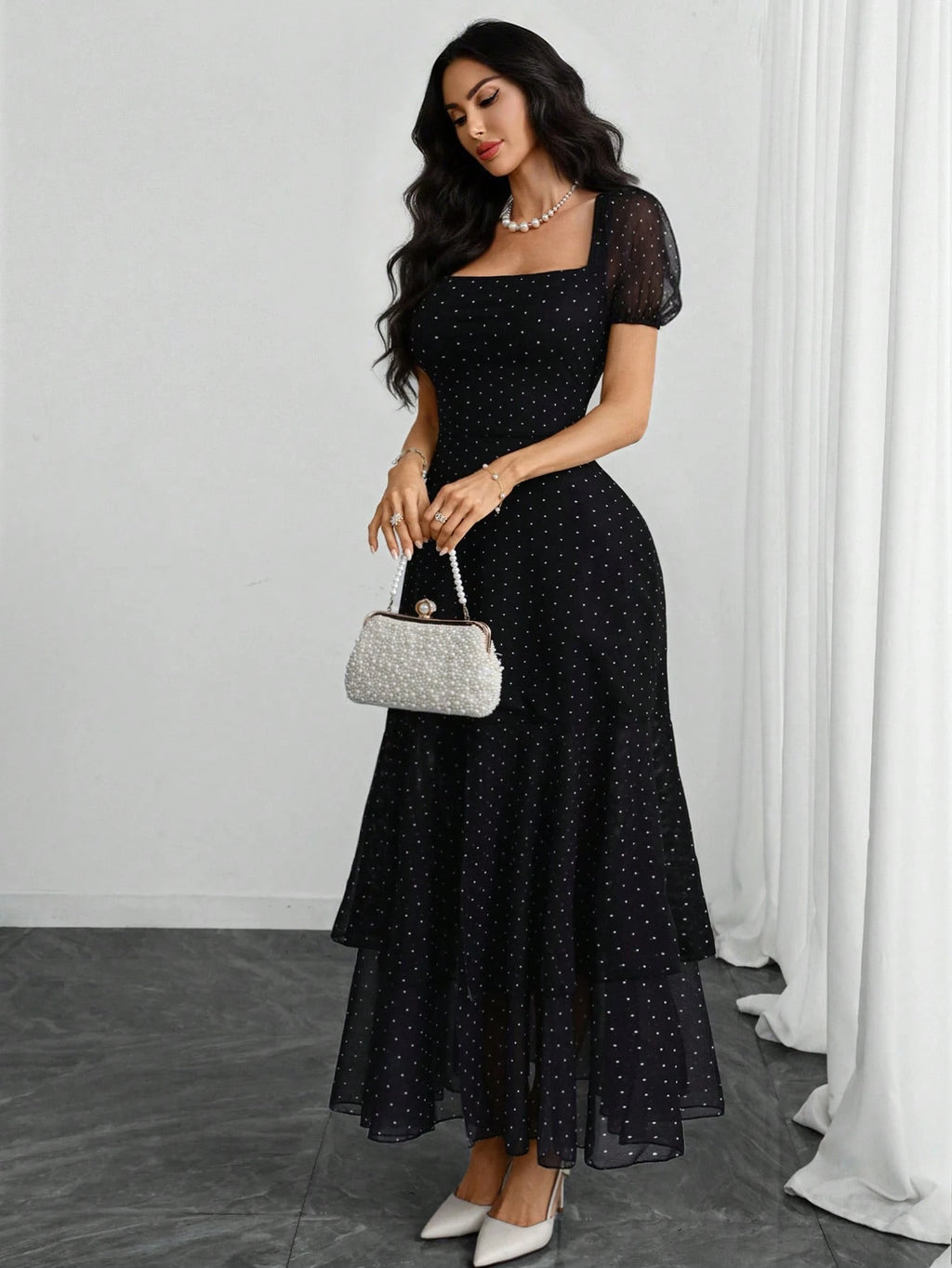 E.Women's French Square Neck Puffed Sleeves Romantic Sexy Elegant
