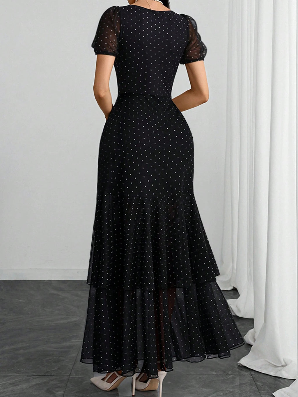 E.Women's French Square Neck Puffed Sleeves Romantic Sexy Elegant