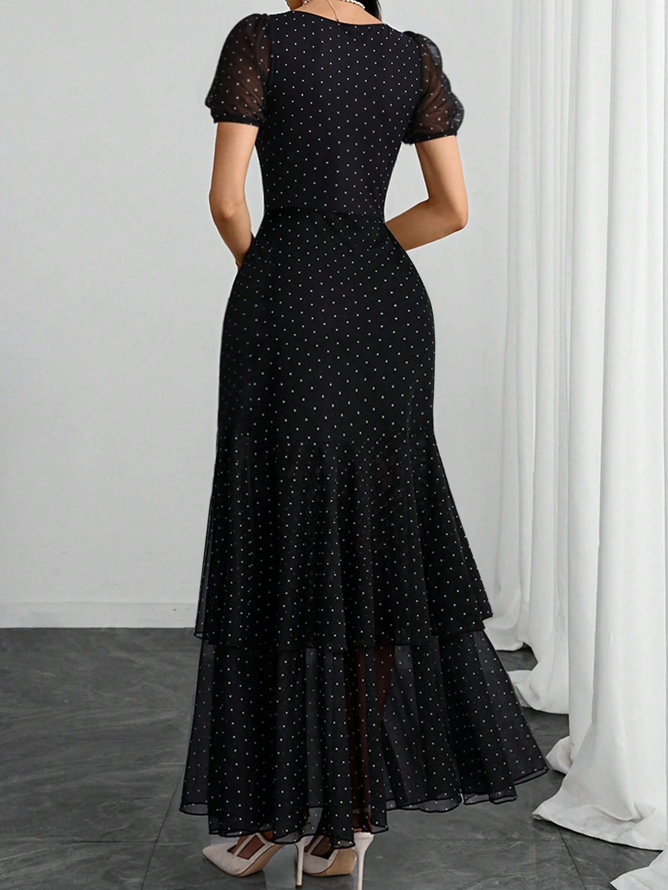 E.Women's French Square Neck Puffed Sleeves Romantic Sexy Elegant