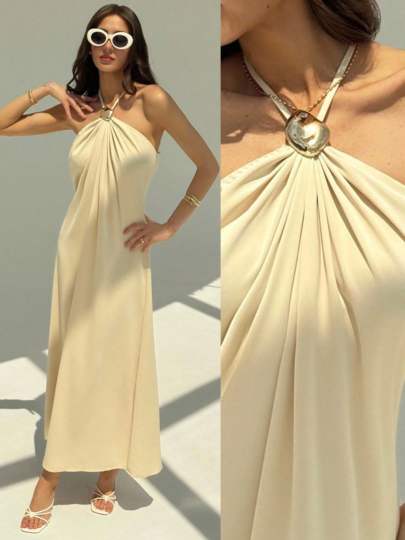 Aloruh New Champagne Backless Pleated Minimalist Long Dress, Metal Ball Decor, Oversized Flattering - image 8
