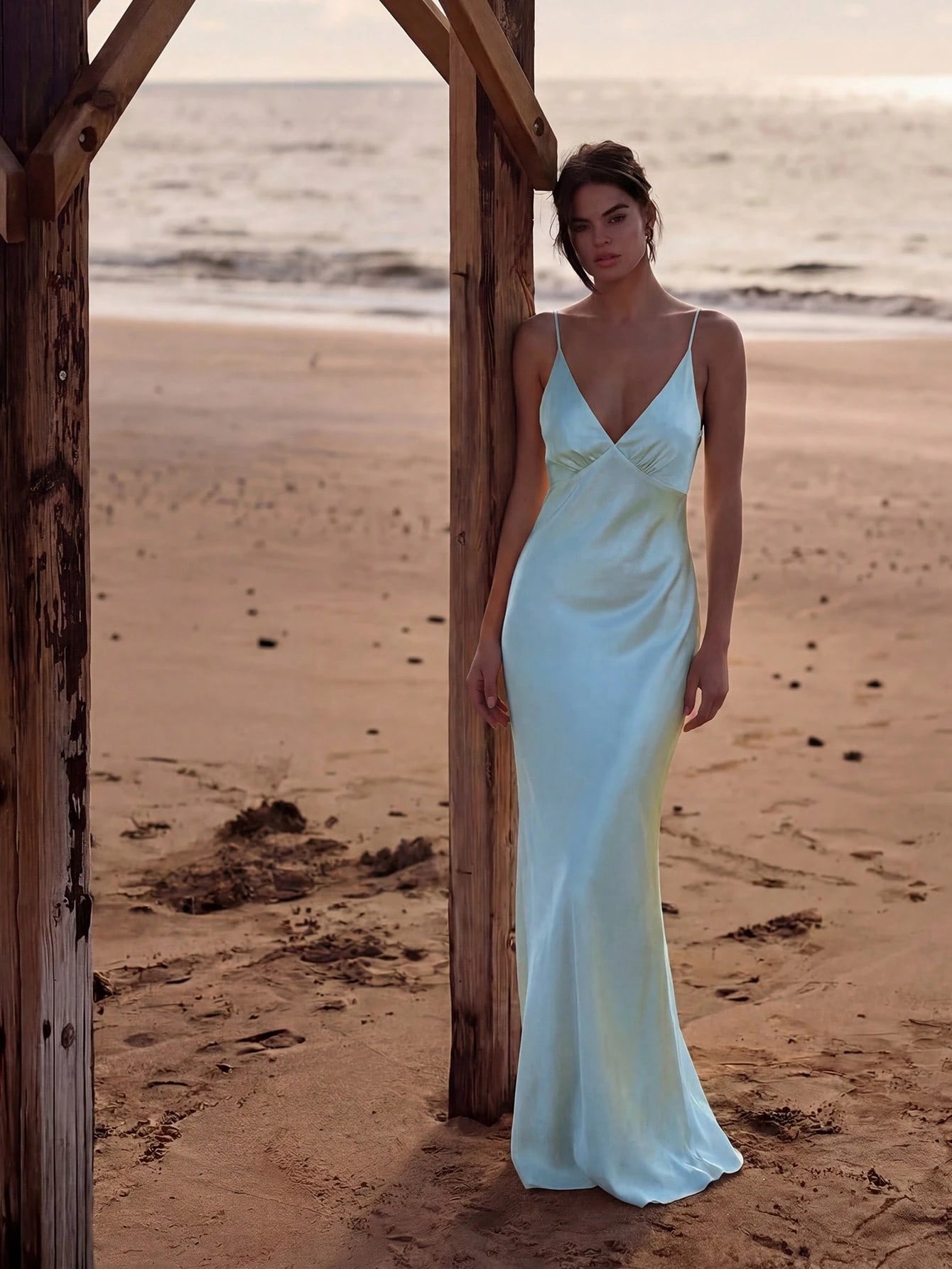 2026 New Luxury Silk Satin Long Dress, Spaghetti Strap Deep V Backless Mermaid Hem Fitted Formal Gown, - image 10