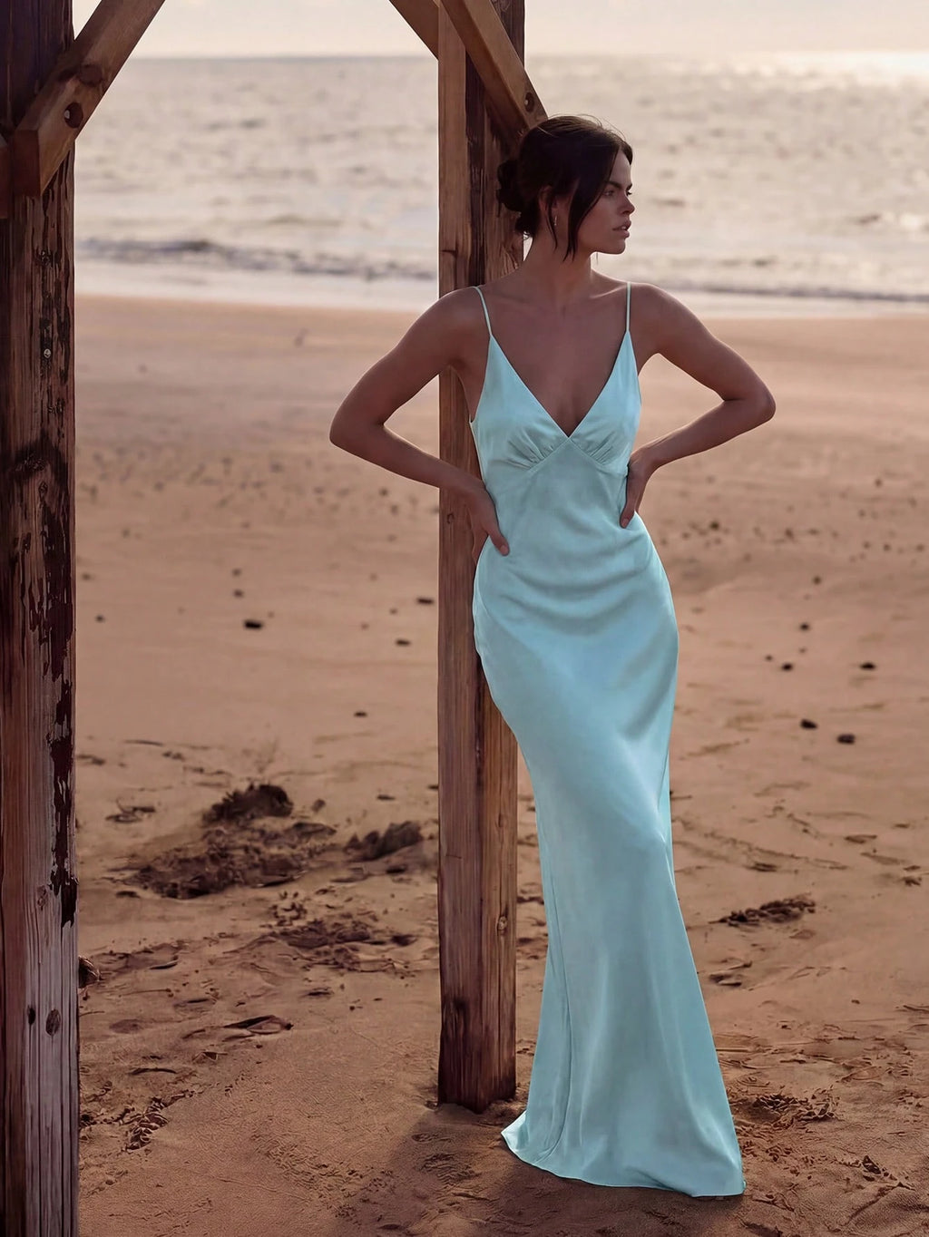 2026 New Luxury Silk Satin Long Dress, Spaghetti Strap Deep V Backless Mermaid Hem Fitted Formal Gown, - image 13