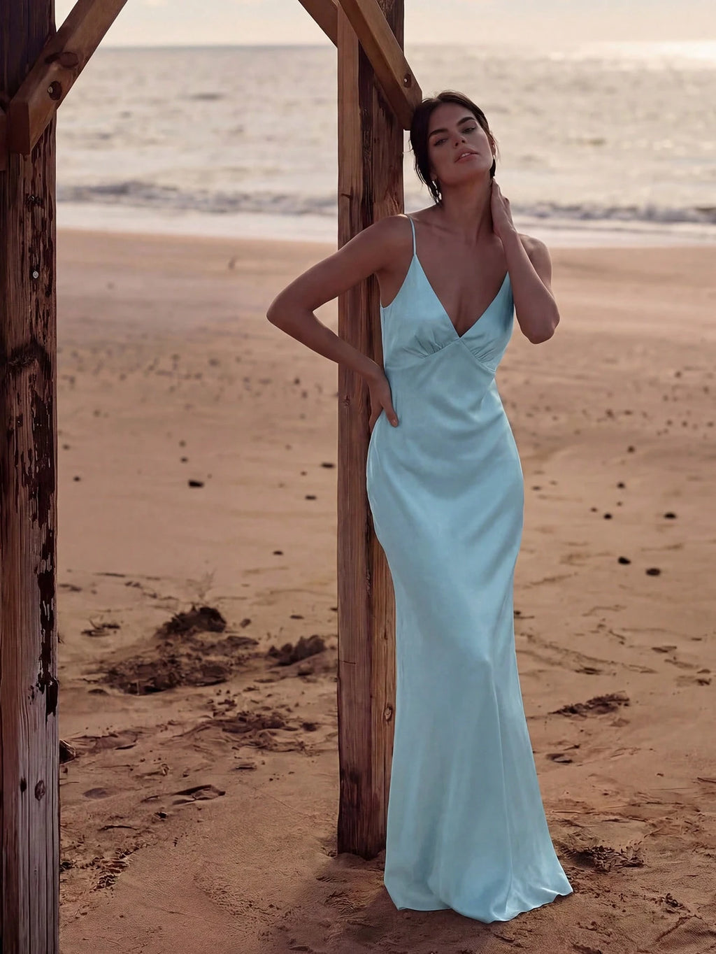 2026 New Luxury Silk Satin Long Dress, Spaghetti Strap Deep V Backless Mermaid Hem Fitted Formal Gown, - image 15