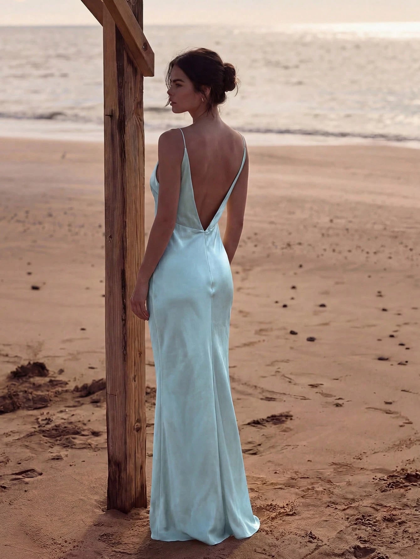 2026 New Luxury Silk Satin Long Dress, Spaghetti Strap Deep V Backless Mermaid Hem Fitted Formal Gown, - image 11