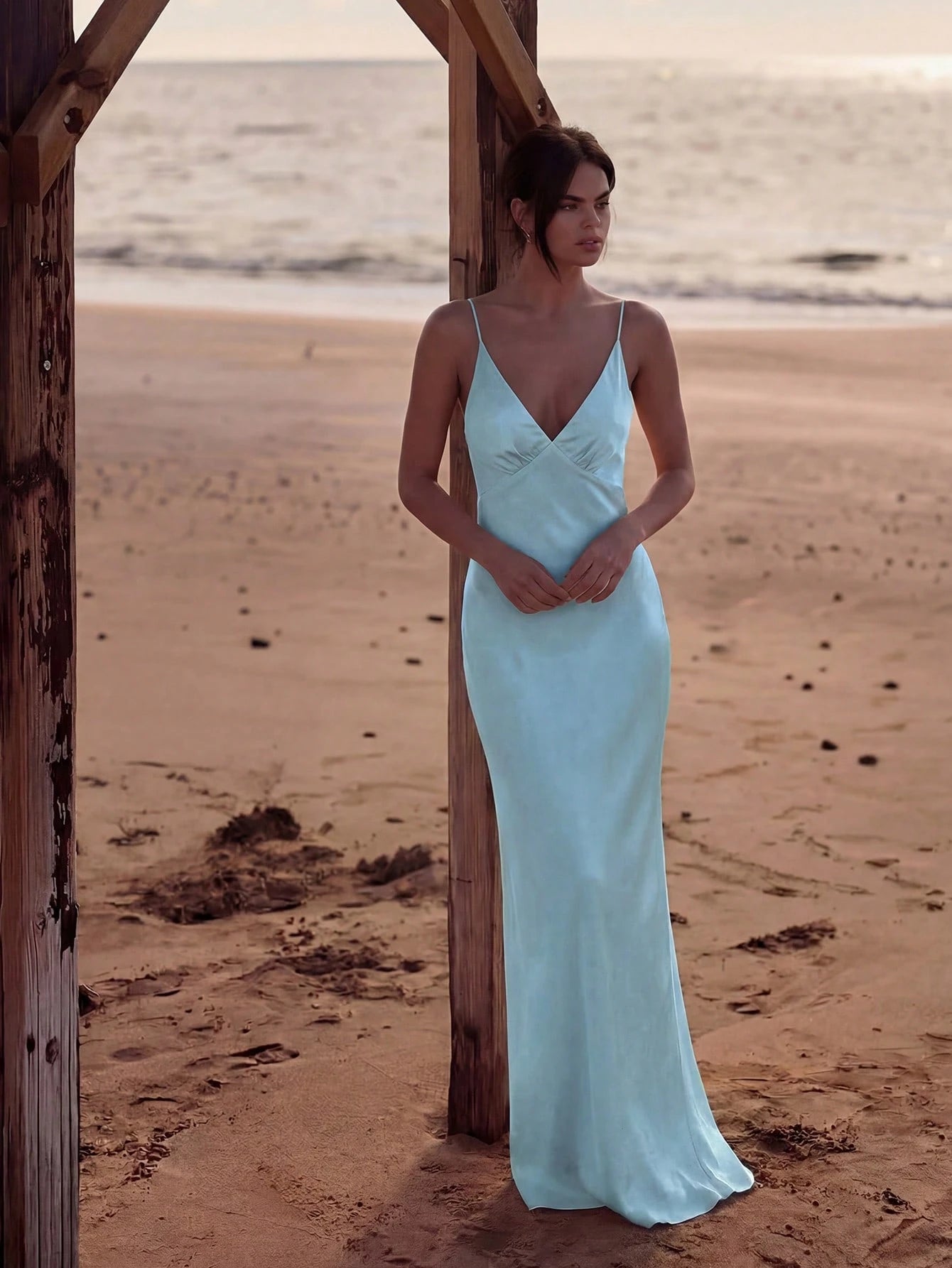 2026 New Luxury Silk Satin Long Dress, Spaghetti Strap Deep V Backless Mermaid Hem Fitted Formal Gown, - image 14