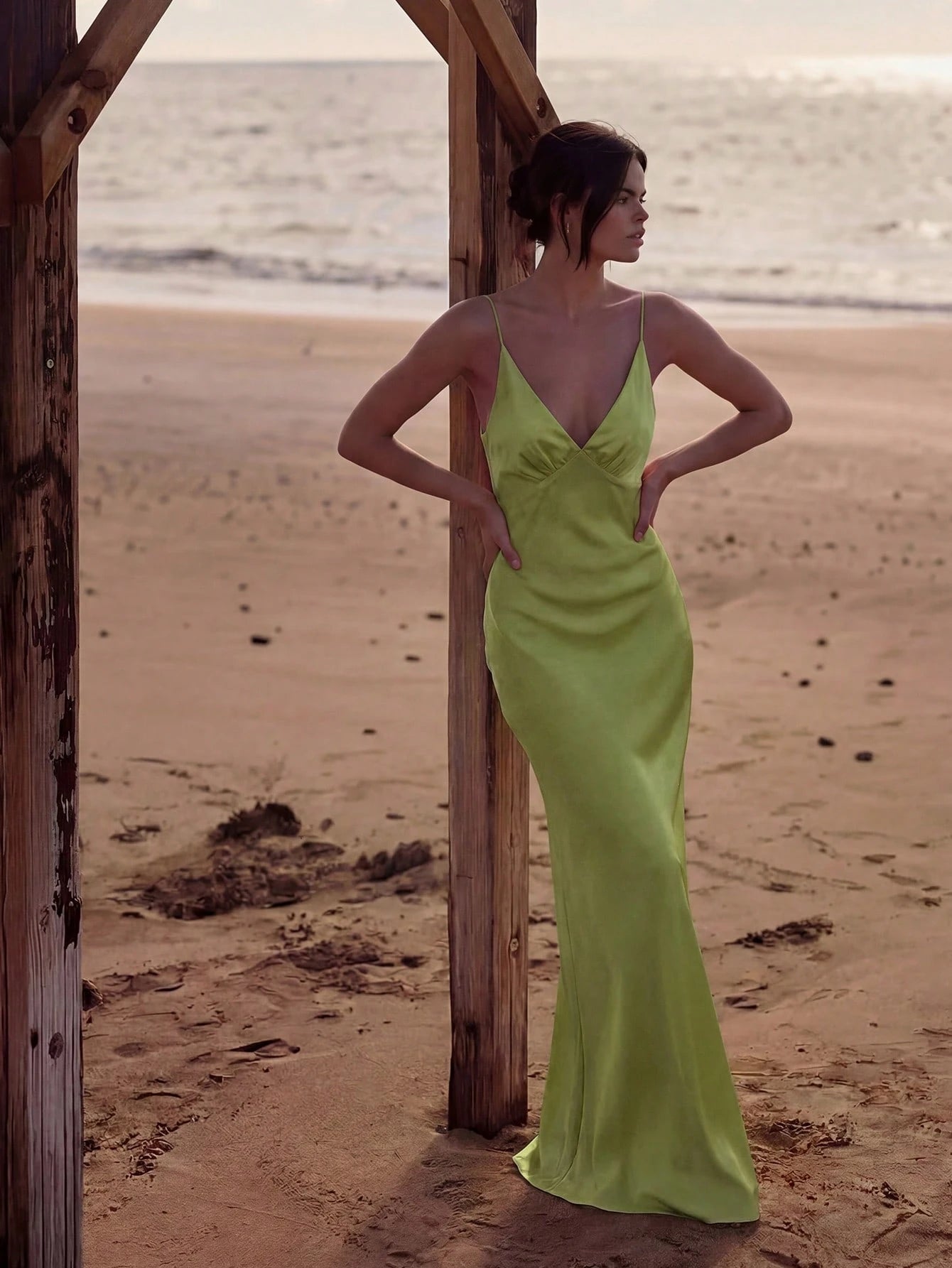 2026 New Luxury Silk Satin Long Dress, Spaghetti Strap Deep V Backless Mermaid Hem Fitted Formal Gown, - image 19